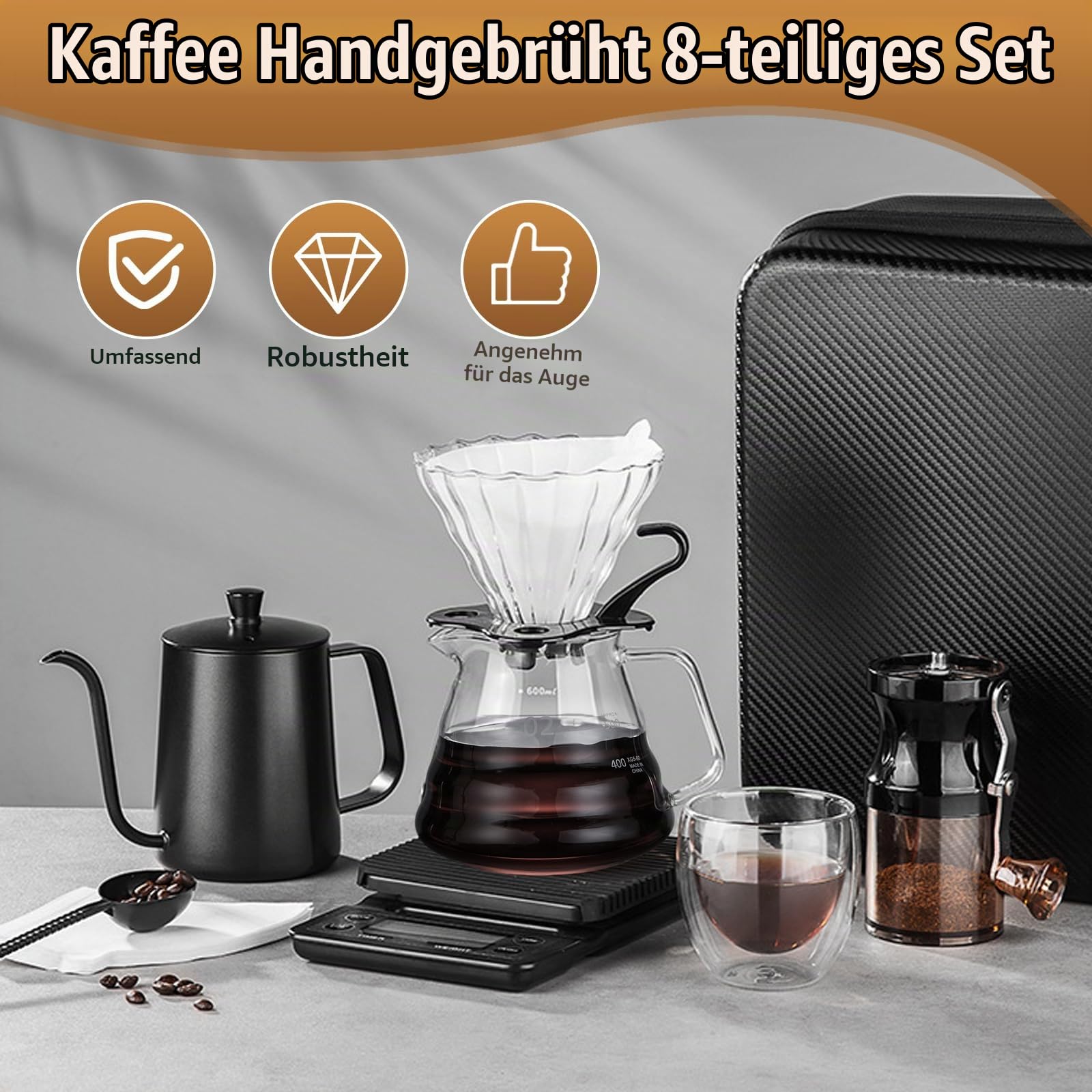 8-Teiliges Handgebrühtes Kaffee-Set, Tragbares Multifunktionales Kaffeemahlen, Handbrühwerkzeug Set, Komplettes Zubehör für Kaffeeliebhaber, Für Innen- und Außenbereich, Picknicks und Reisen