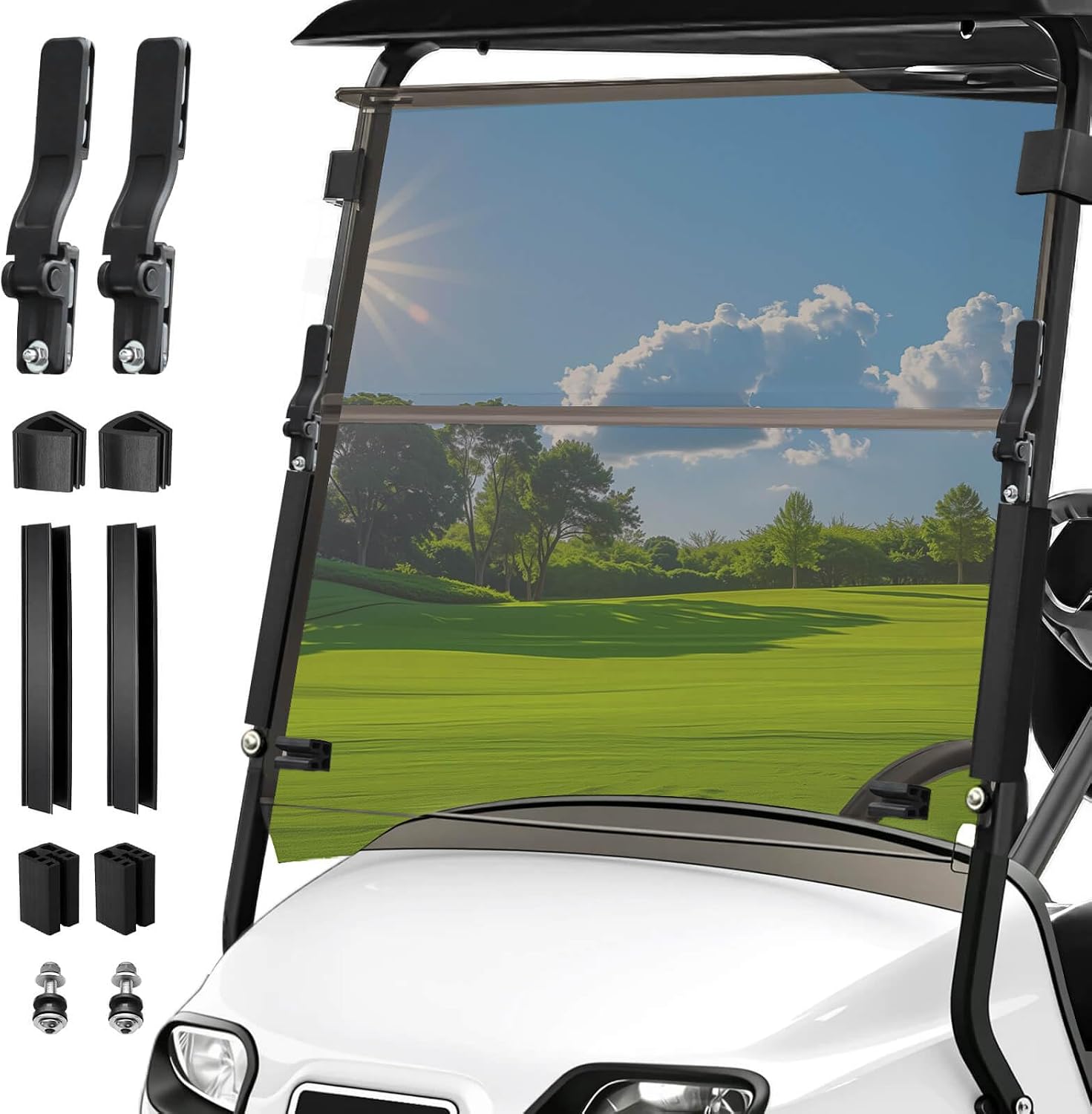 5MM Thick Upgrade PC Foldable EZGO TXT Windshield with Heavy Duty Hinges Only Fit for 2014-Up EZGO TXT Golf Cart with 1" Struts Rail, Anti-UV Impact Resistant Golf Cart Windshield Tinted