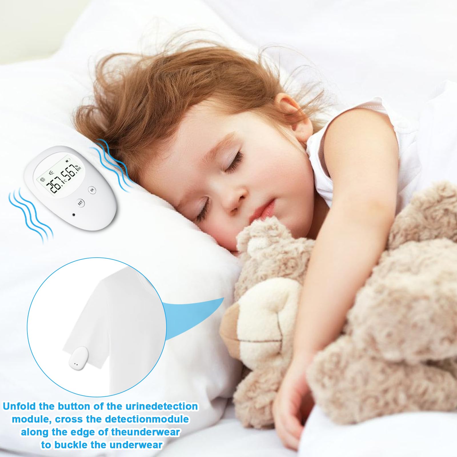 Allarme senza fili per bagnarsi sul letto, allarme wireless con ricevitore e trasmettitore a clip, indicatore di temperatura e umidità, ricarica USB per bambini vasino per la cura degli anziani