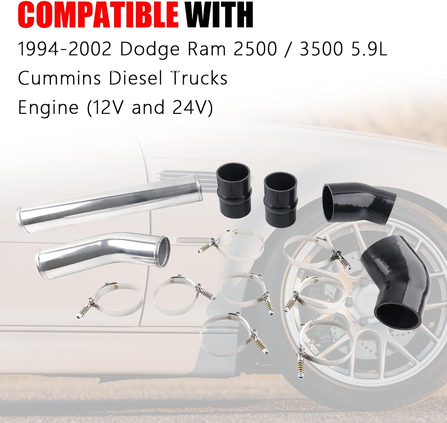 Intercooler Pipe Kit Air Intake Elbow Tube Kit Compatible with 1994-2002 Dodge Ram 2500 3500 5.9L Cummins Aluminum Intercooler Pipe Set with Silicone Boots and Stainless Clamps