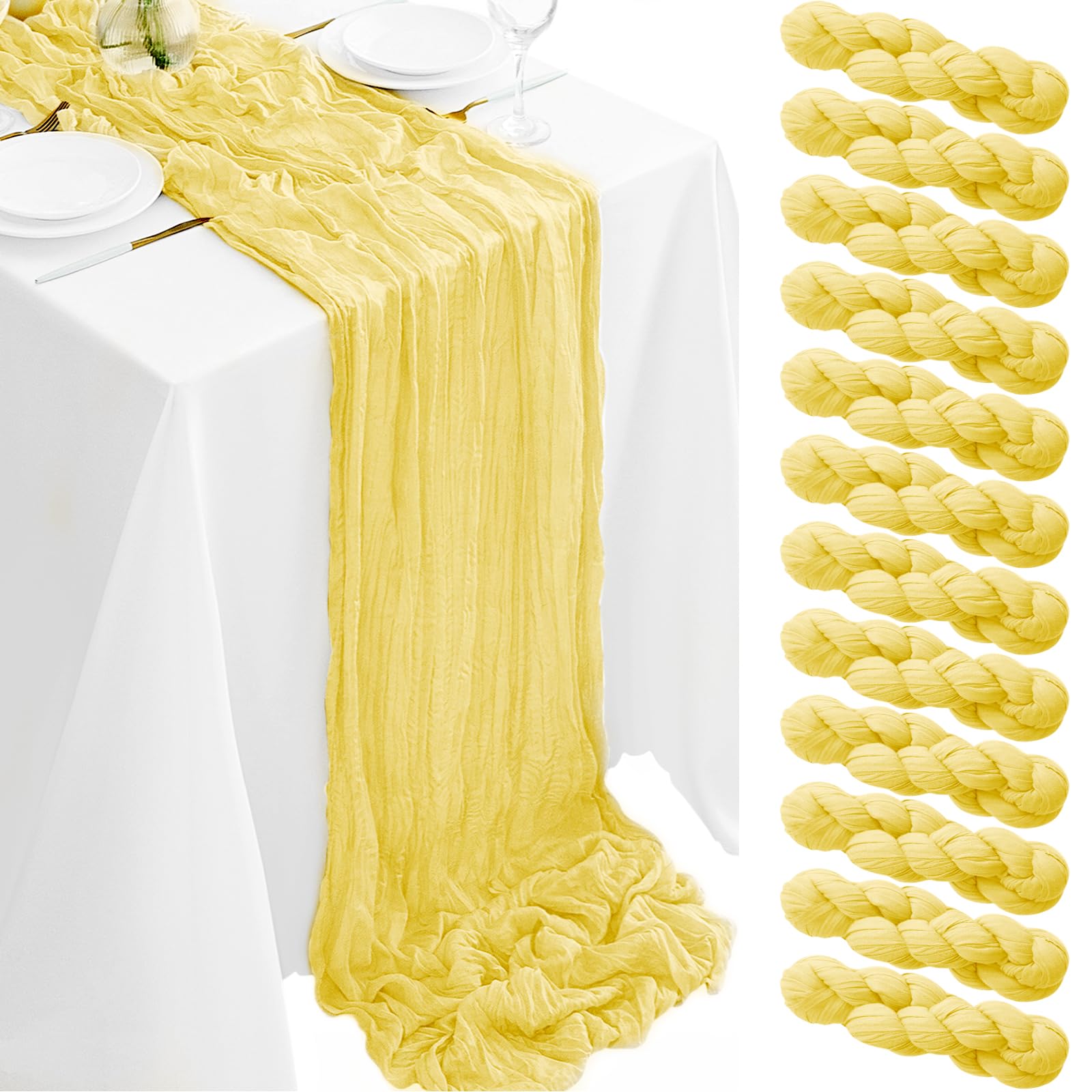Photo 1 of 12Pack Light Yellow Cheesecloth Table Runner 35x120Inch Yellow Cheese Cloth Table Runner 10FT Boho Gauze Table Runners Rustic Sheer Table Runners for Wedding Bridal Baby Shower Party Decor