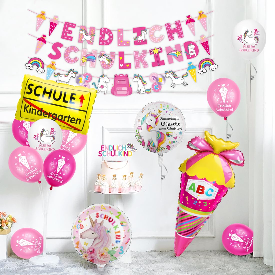 Decorazione per l'inizio della scuola a tema unicorno, palloncino in pellicola e striscione per bambini
