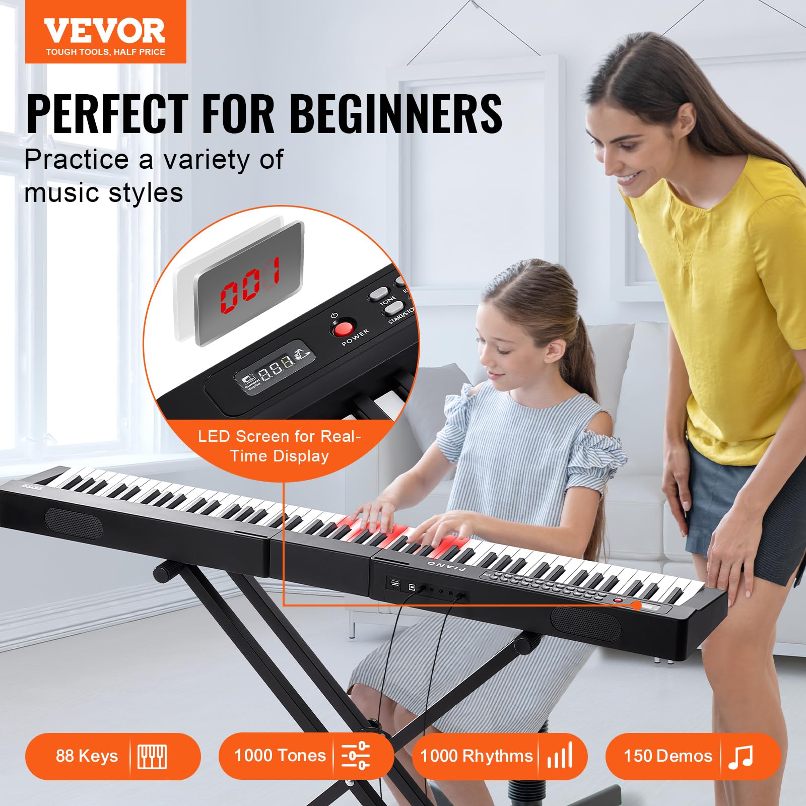 VEVOR Digitales Klavier mit 88 Tasten, halbgewichtete Tasten, Klavierset mit verstellbarem Ständer, integrierten Lautsprechern, Sustain-Pedal, Kopfhörern, Bluetooth, MIDI, USB für Anfänger