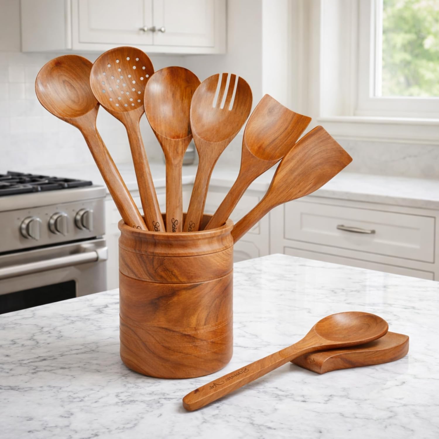 Wooden Cooking Utensil Set of 9 – Natural Mango Wood Kitchen Tools with Holder & Spoon Rest | Nonstick Safe, Heat-Resistant, Eco-Friendly Wooden Spoons & Spatulas for Cooking & Serving - Image 9