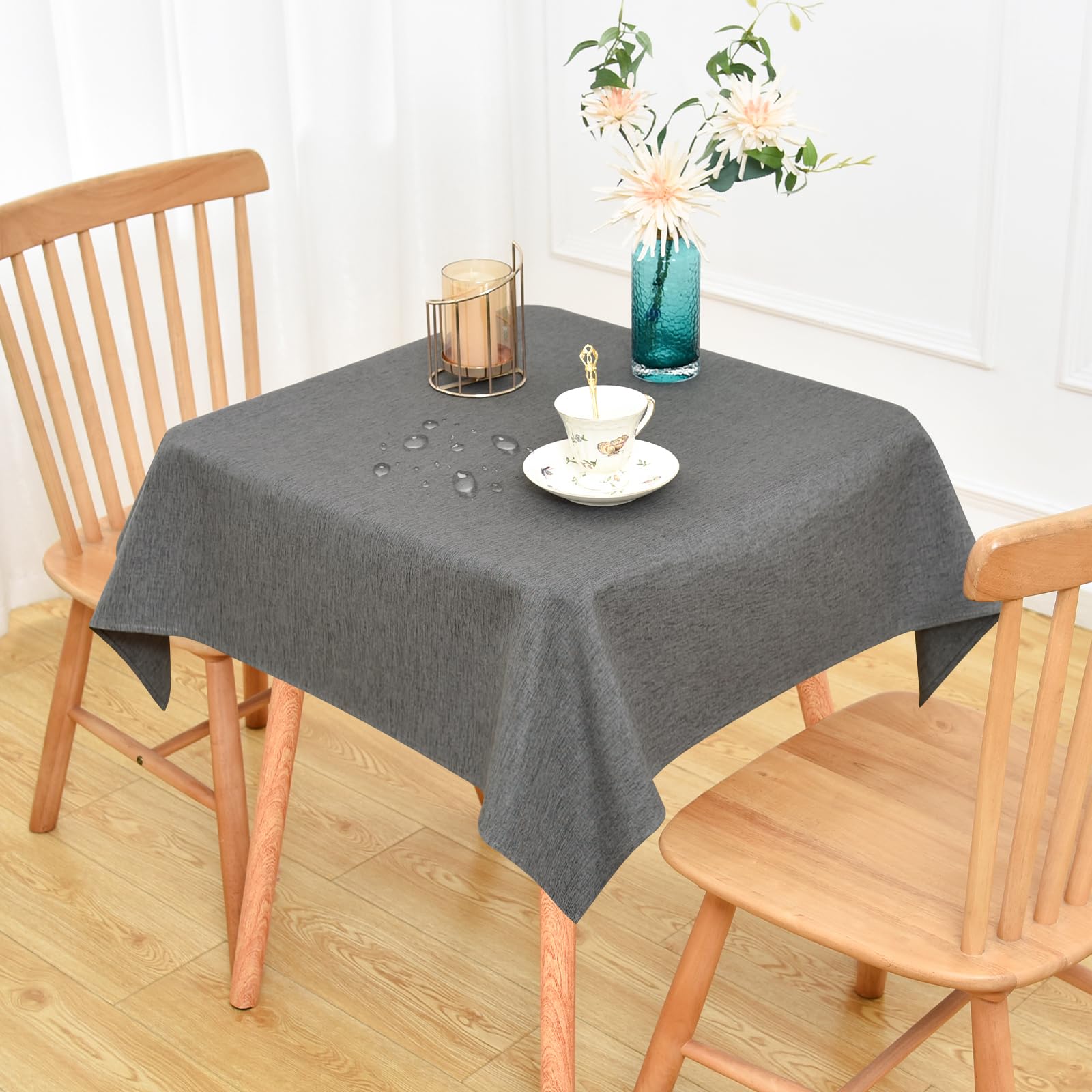 NEWISHER Farmhouse Water Resistant Square Tablecloth 107x107 cm (42x42 inch), Faux Linen Table Cloth Wipe Clean, Washable Table Cover for Kitchen Dining, Party, Banquet Indoor Outdoor (Dark Grey)