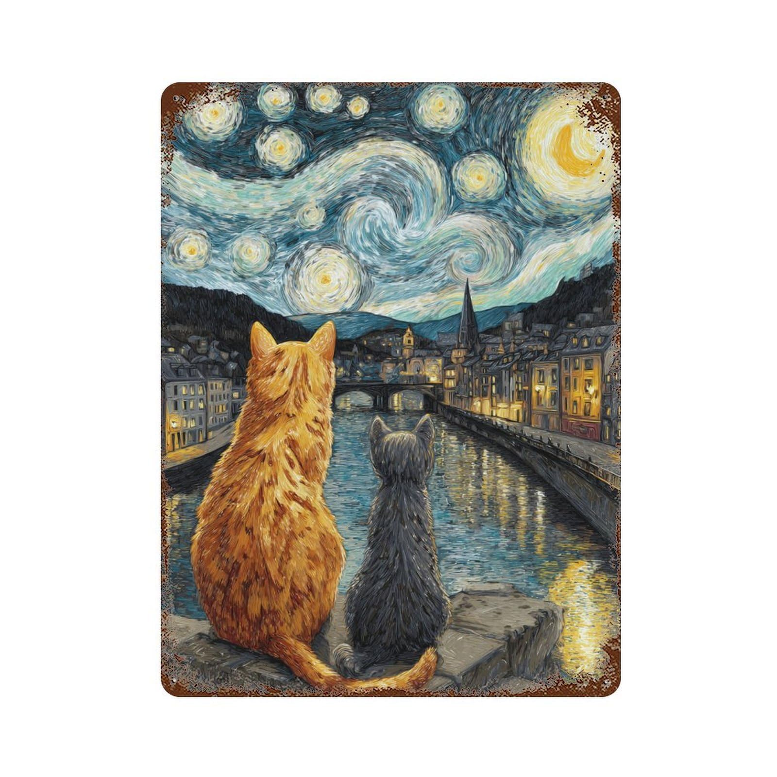 Starry Night Cats River View Aged Metal Wall Plaque 15.7"x11.8", for Office, Studio And Wall Decor, Novelty Wall Decor