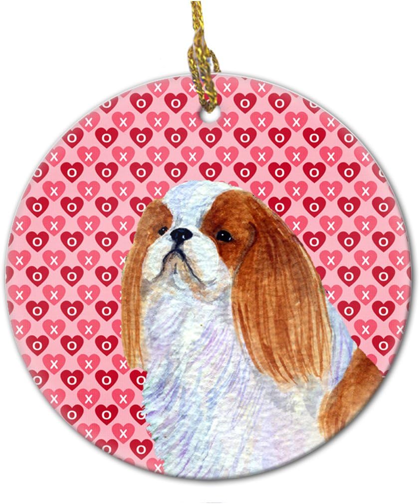 Caroline's Treasures English Toy Spaniel Hearts Love and Valentine's Day Portrait Ceramic Ornament Christmas Tree Hanging Decorations for Home Christmas Holiday, Party, Gift, 3 in, Multicolor