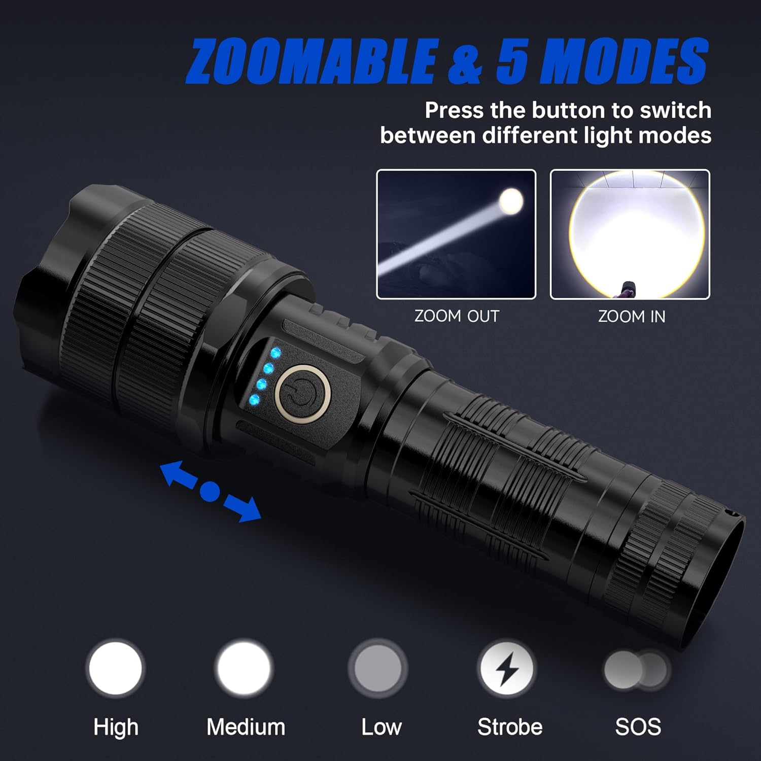 Rechargeable Flashlights 10000 High Lumens Super Bright LED Flashlight High Powered Tactical Flashlights Zoomable 3 Modes IPX6 Waterproof Handheld Flash Light for Camping Outdoor Emergencies