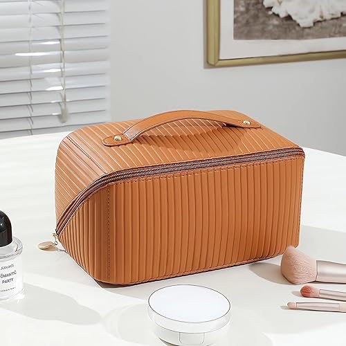 Miniatura 2 de Bolsa de cosméticos de viaje de gran capacidad, bolsa de maquillaje a cuadros, bolsa de cuero portátil impermeable para el cuidado de la piel con