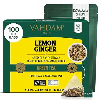 VAHDAM, Lemon Ginger Tea Bags 100 Green Tea Bags Low Caffeine | Fruity Flavor - Zesty Lemon & Ginger, Orange Peel | Resealable Ziplock Pouch | Brew Hot or Iced Tea