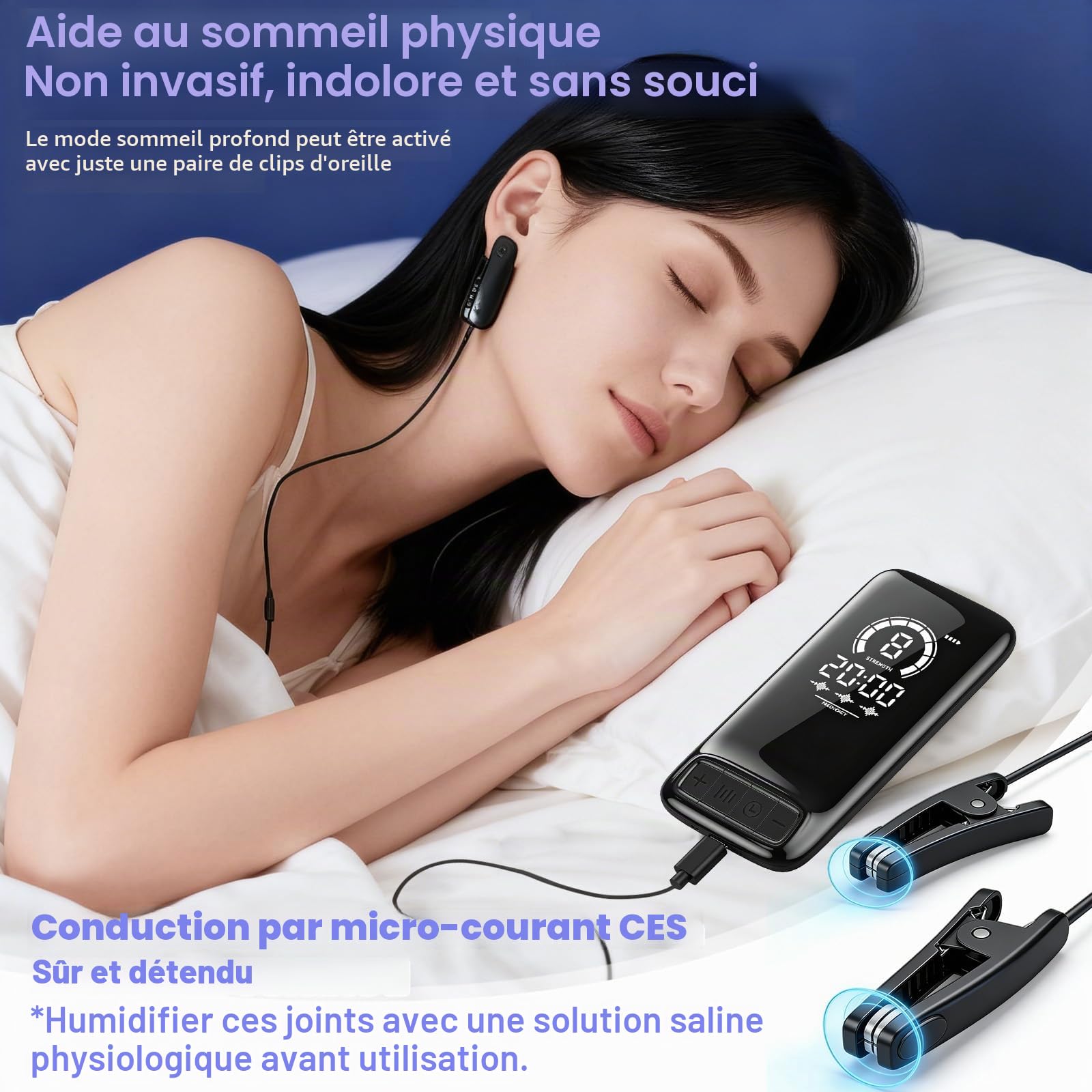 Appareil d'aide au sommeil avancé - Appareil de stimulation du nerf vague avec clips d'oreilles - Aide au sommeil pour adultes - Réduit l'anxiété - Soulage la fatigue - Micro courant - 3 modes - 9