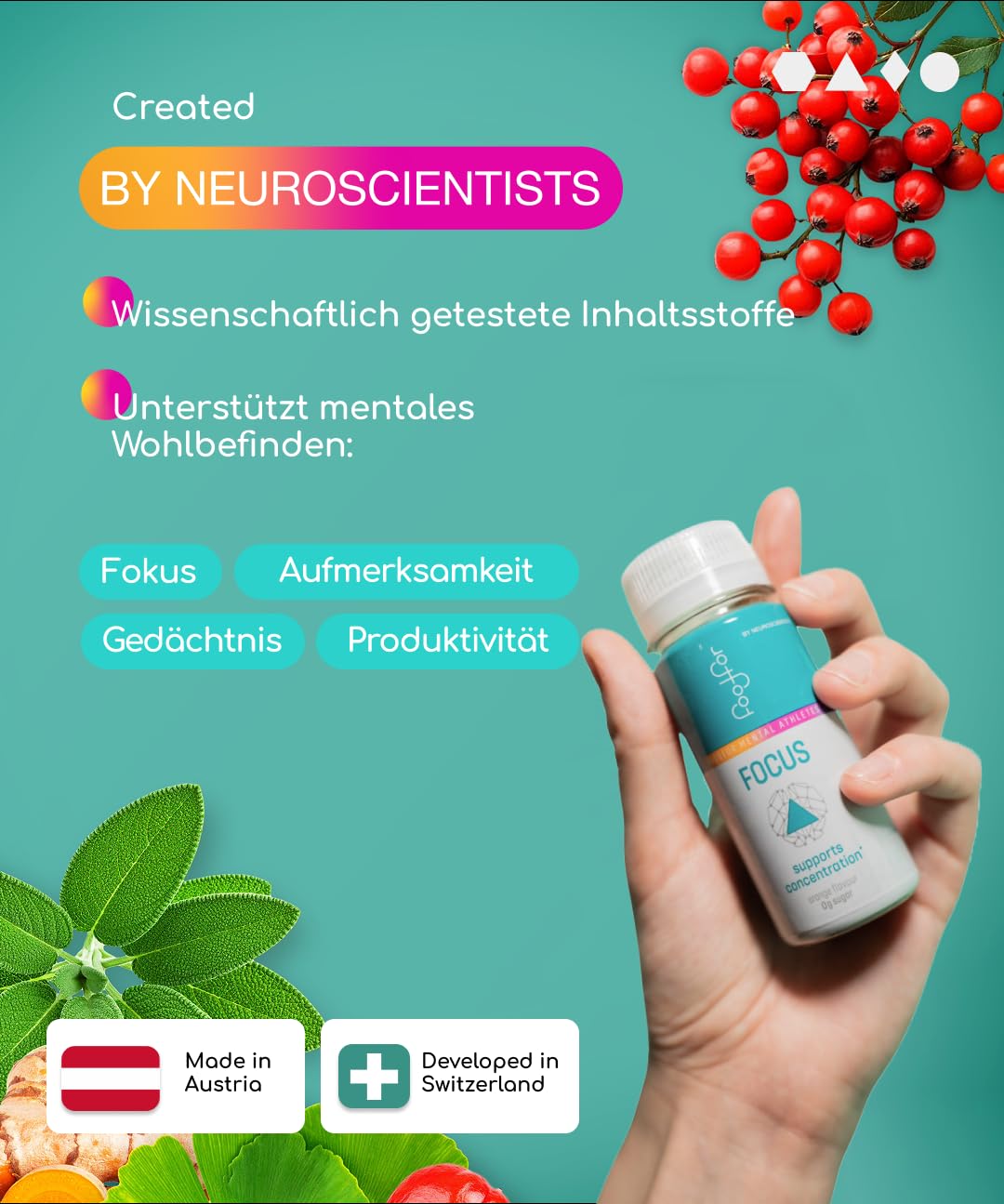 FOODFOR FOCUS Booster dopamine 60ml – Schnelle Aufnahme, Deep Focus, Gedächtnis & Konzentration – L-Theanin, L-Tyrosin, Guarana, Salbei, Kurkuma, Ginkgo Biloba – Zuckerfrei, Schweizer Qualität 6-Pack