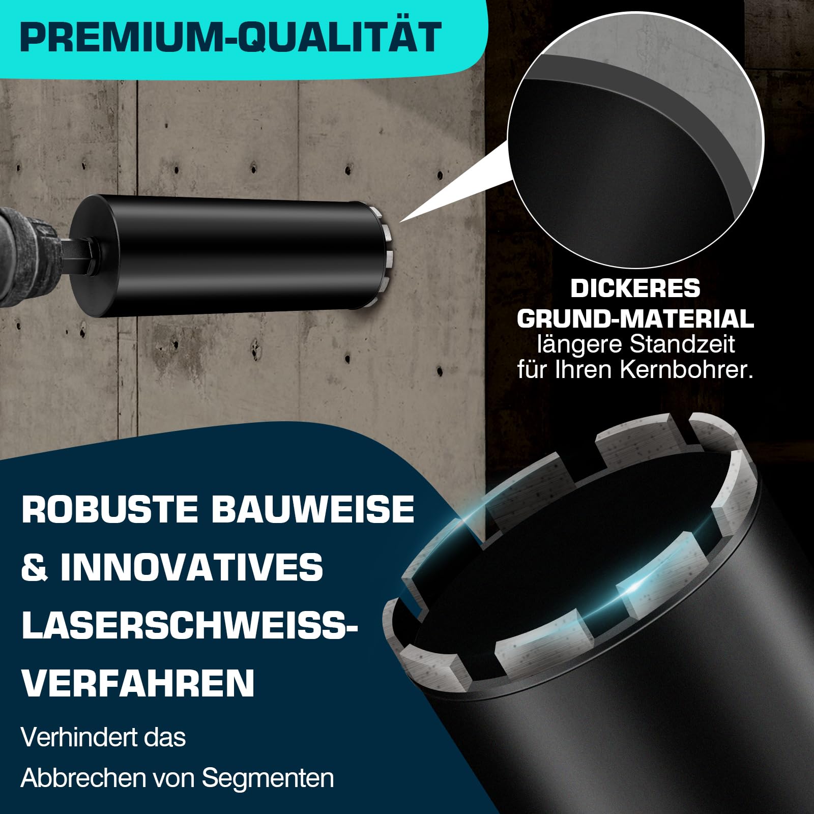 L460mm Diamantbohrkrone | 1 ¼ UNC Aufnahme | ⌀63mm mit Turbo | mit SDS-PLUS | 2200U/min für Kernbohrgeräte Kernbohrkrone Kernbohrer Nassbohrkrone Trockenbohrkrone für Beton Mauerwerk Stein Granit
