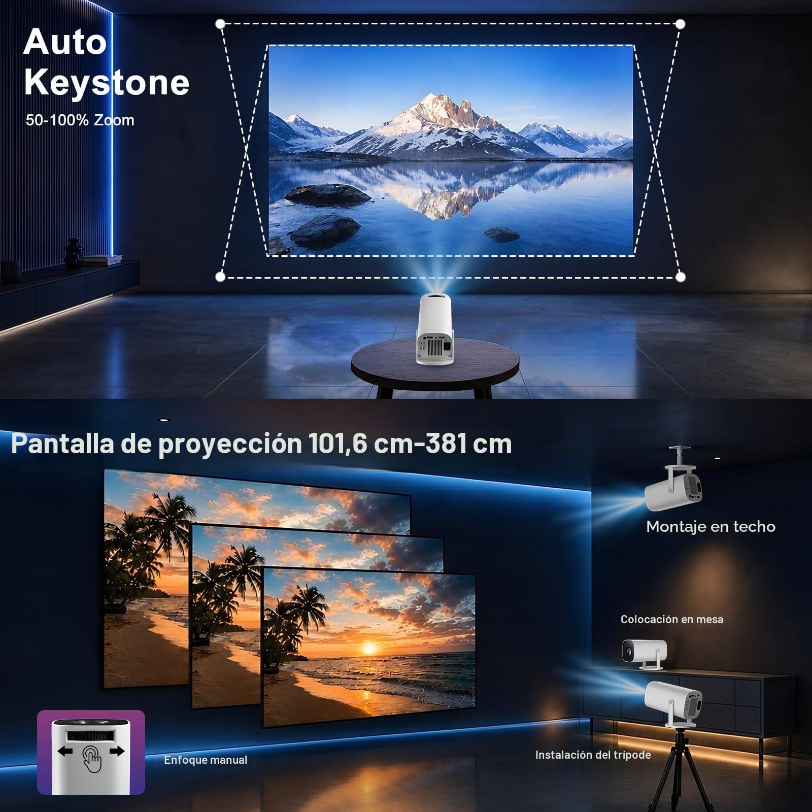 Proyector Portátil con WiFi 6 y Bluetooth 5.4, Mini Proyector 4K 1080P Full HD Soporte, Corrección Trapezoidal Automática, Rotación de 180°, Compatible con HDMI/TV Stick/PC/Memory Stick