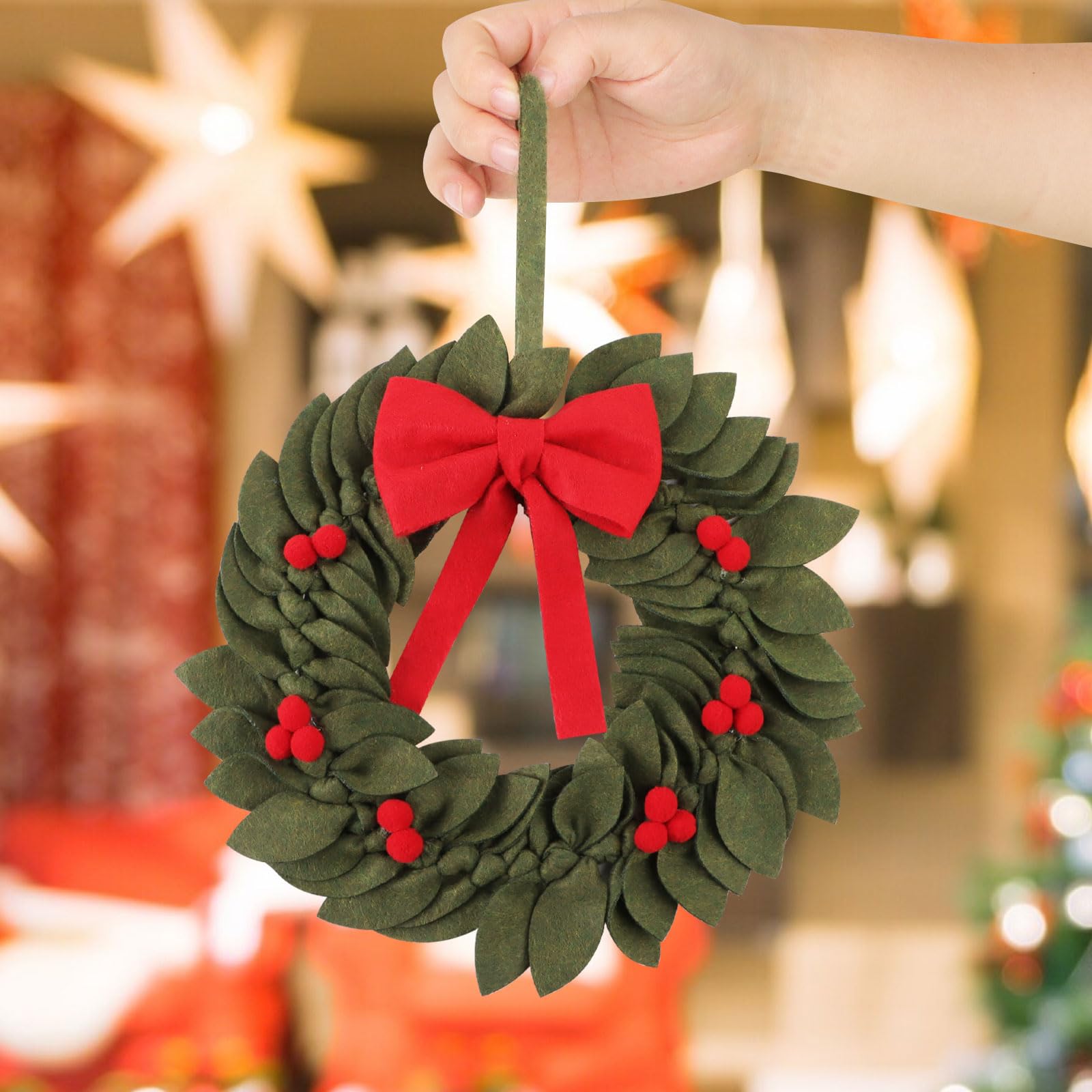 BETESSIN Türkranz Weihnachten - Filz Weihnachtskranz mit roter Schleife - Weihnachtsdeko Tür - Origineller Weihnachtskranz für Tür, Fenster, Wand - Skandinavische Deko Weihnachten - Grün, ⌀28cm