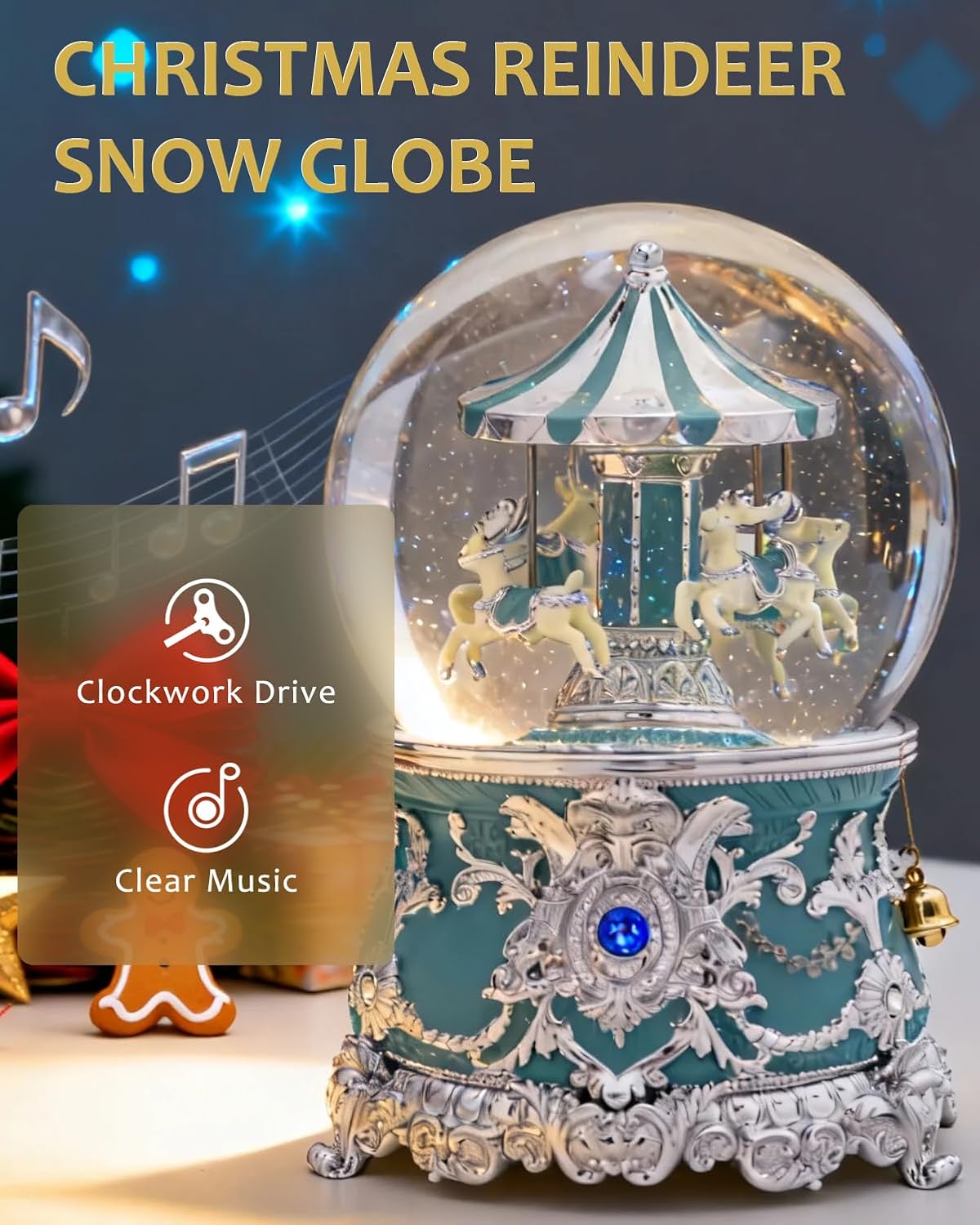 Reindeer Carousel Snow Globe Music Box - Wind Up Musical Christmas Valentines Day Ornament with Silver Blue Design, Romantic Indoor Christmas Decorations, Festive Gift for Couples, Kids & Adults