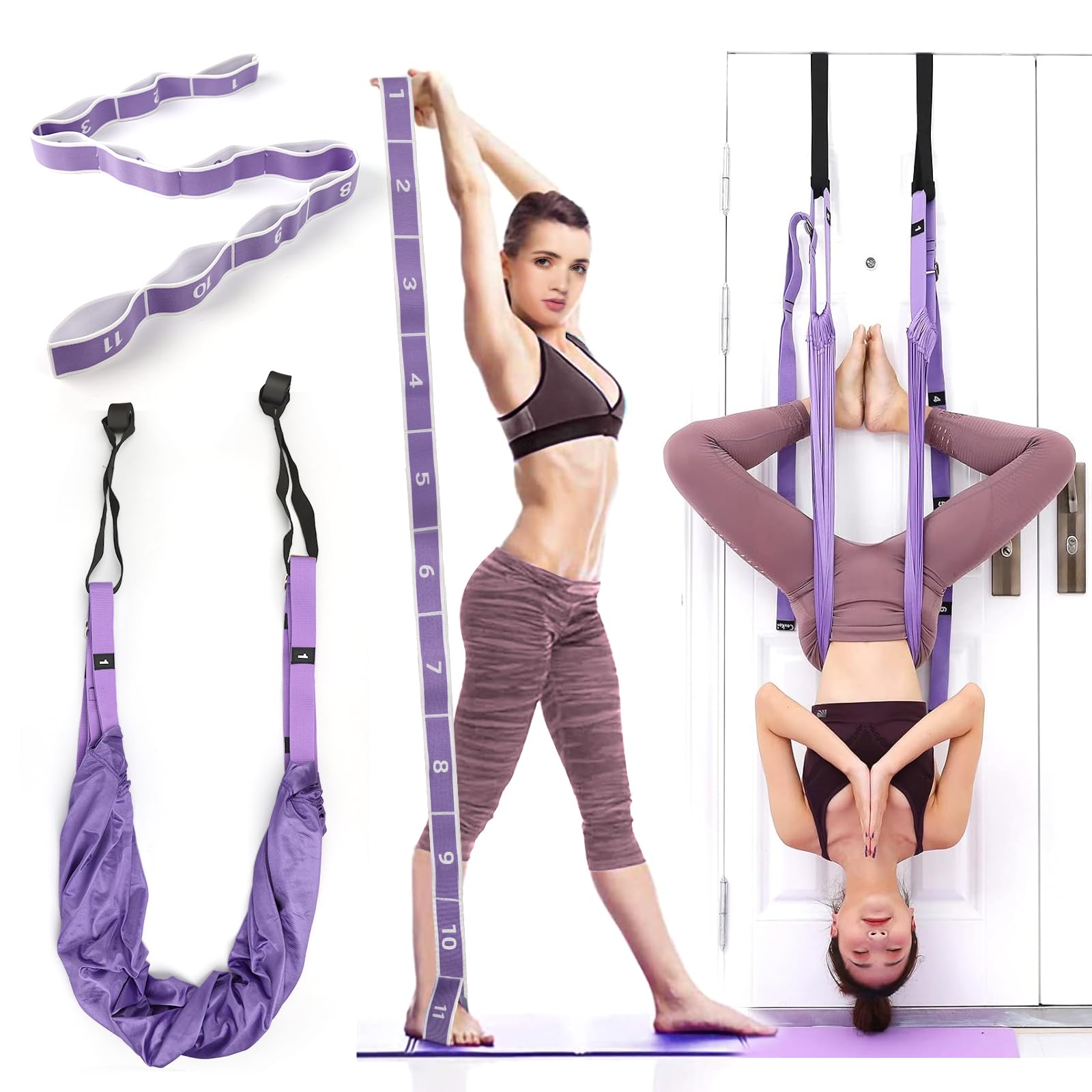 Waist Back Leg Stretch Strap Set,Elastic Yoga Stretching Strap with 11 Loops Yoga Fitness Band with Door Anchor Leg Stretching Assist Trainer Yoga Stretcher Backbend Training Belt Inversion Strap