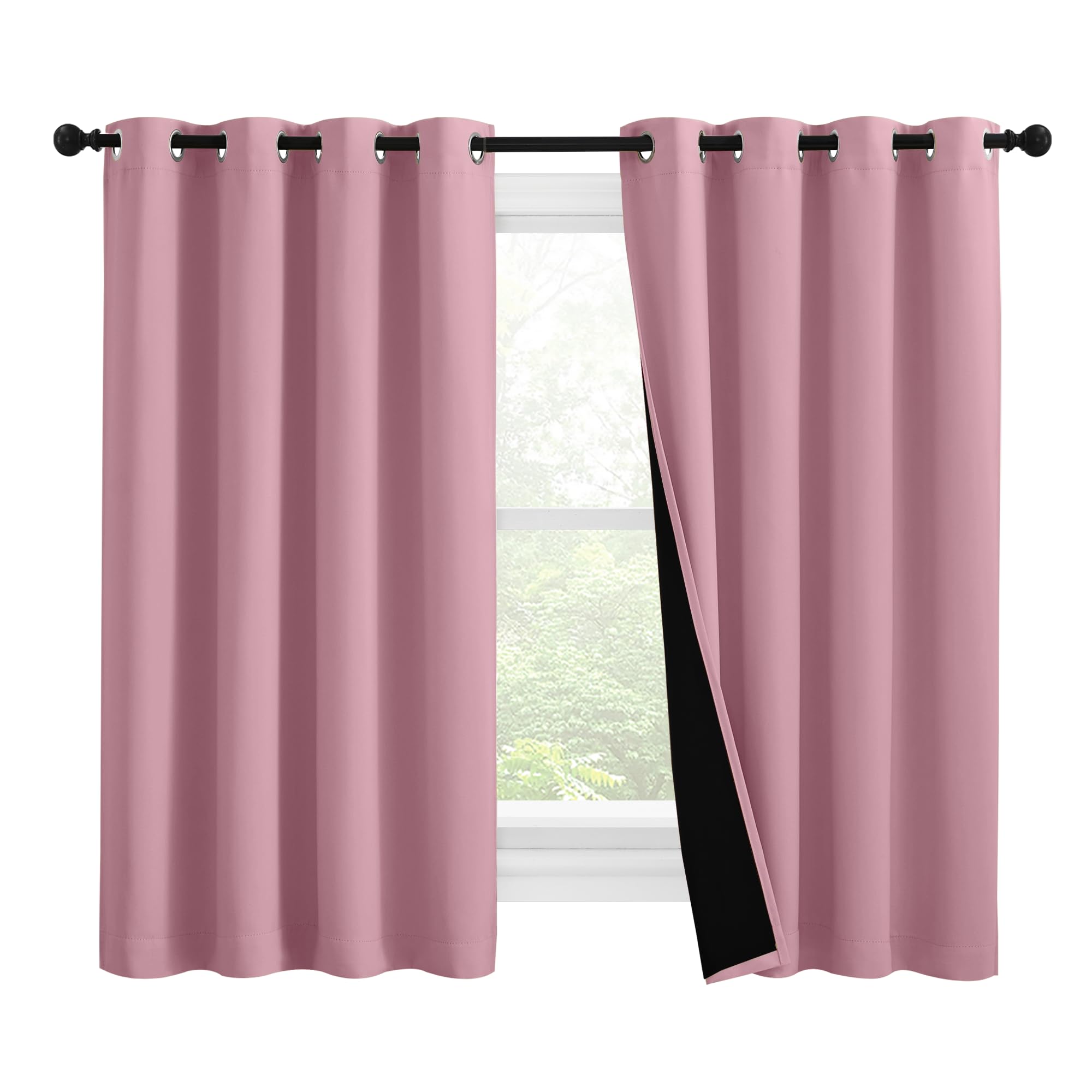 NICETOWN 100% Blackout Curtains with Black Liners, Thermal Insulated Full Blackout 2-Layer Lined Drapes, Noise Cancellation Window Draperies for Dining Room (Crystal Pink, 2 Panels, 55" W by 57" L)