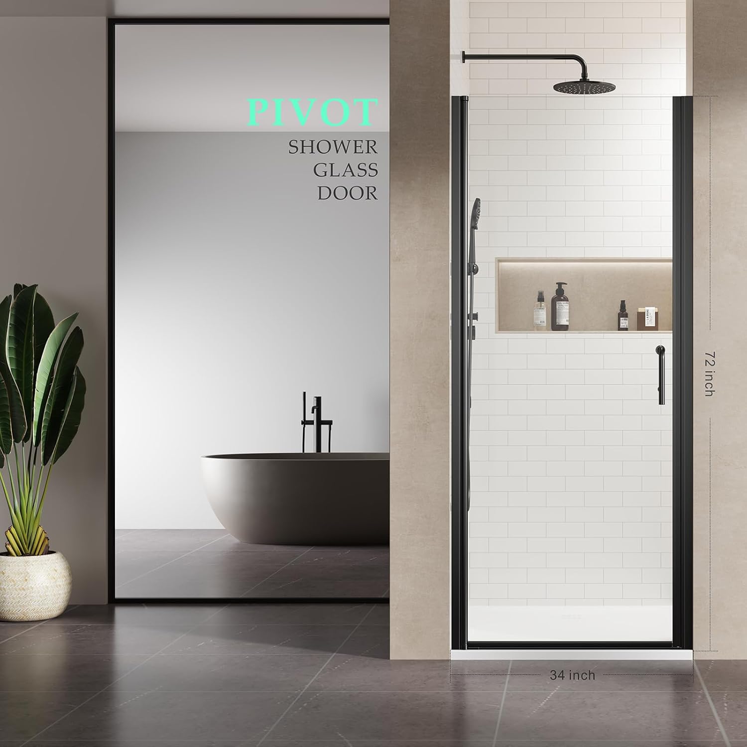 Pivot Shower Door,34 in. W x 72 in. H Hinged Single Panel Swing Glass Shower Door with SGCC 1/4" Clear Tempered Glass Reversible Installation Matte Black Handle Glass Door
