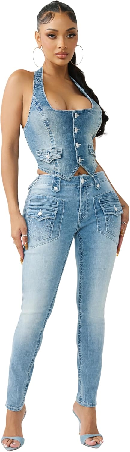 True Religion Denim Scoop Neck Vest for Women – Cropped Corset-Style Top with Horseshoe Detail & Copper Hardware