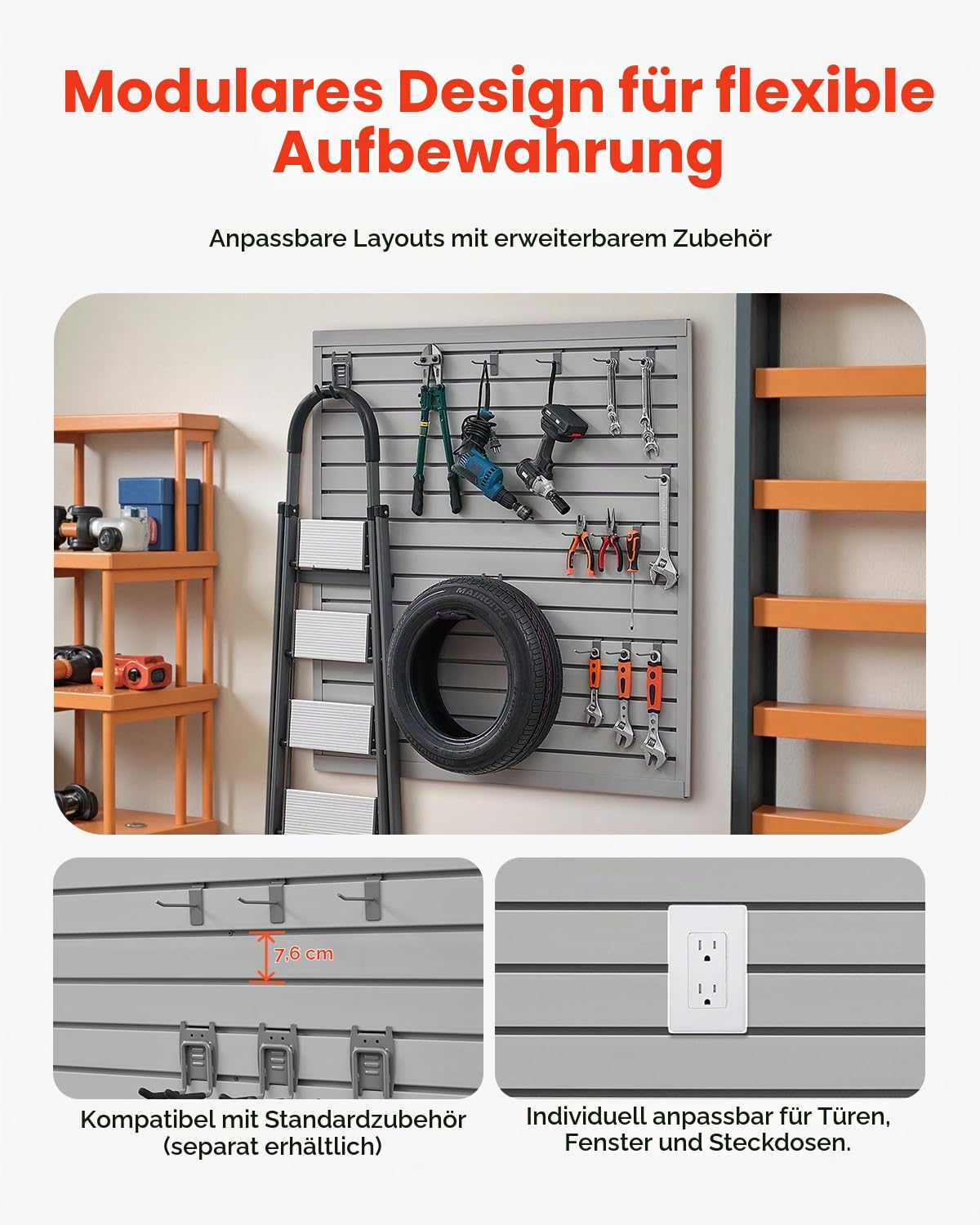 VEVOR Werkzeugwand 1230x1235x20mm, PVC-Garagen-Lamellenwand, Grauer Wand-Organizer 136 kg pro Platte, Lamellenwandpaneel mit Kupplungsstruktur & DIY-Zuschnitt, geeignet für Lagerung & Präsentation