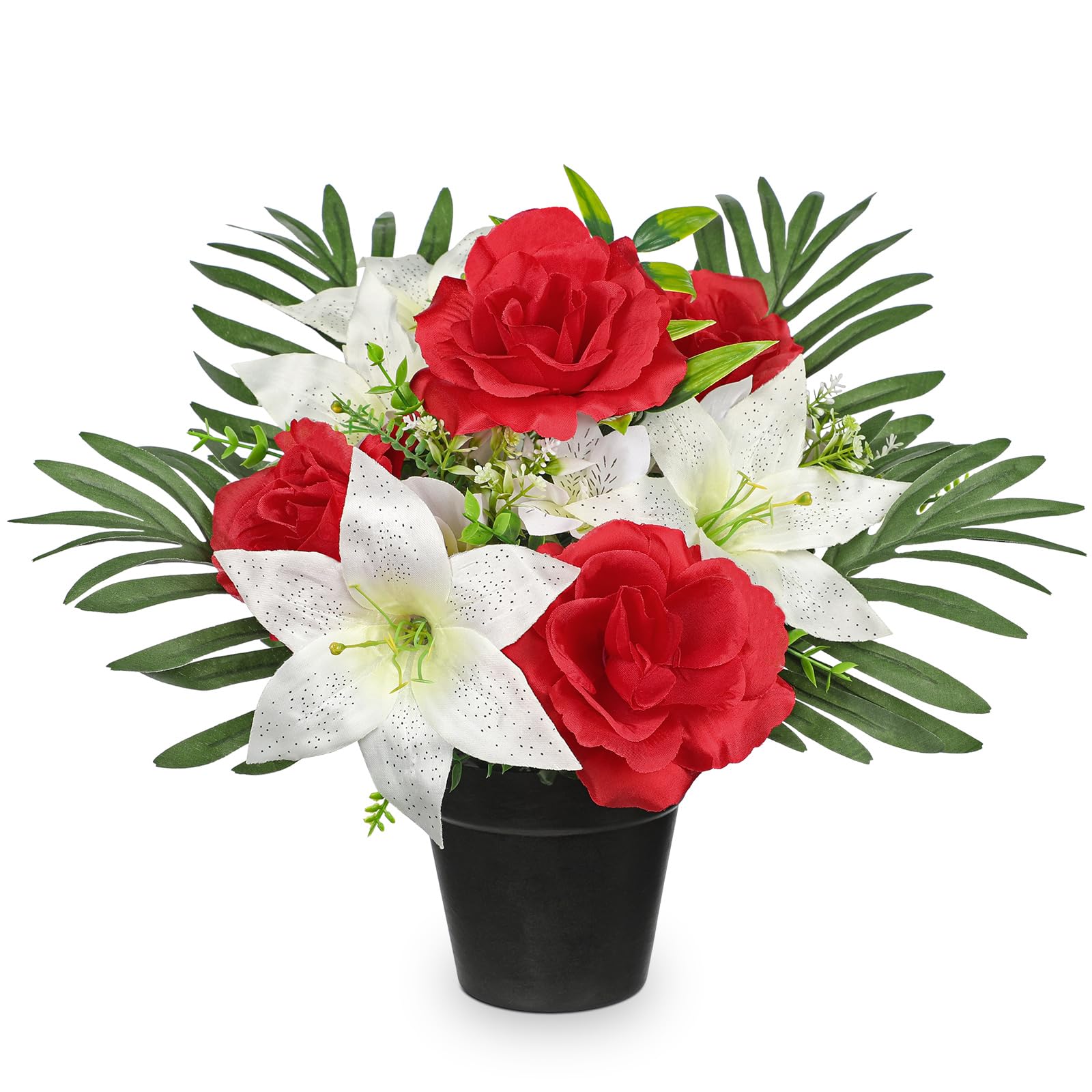 Hollyone Künstliche Friedhof Blumen für Grabschmuck, Kunstblumen im Topf für Grab, Rot Künstlicher Rosen und Lilien Deko Blume Grabgesteck Gedenkstätte Seidenblumen