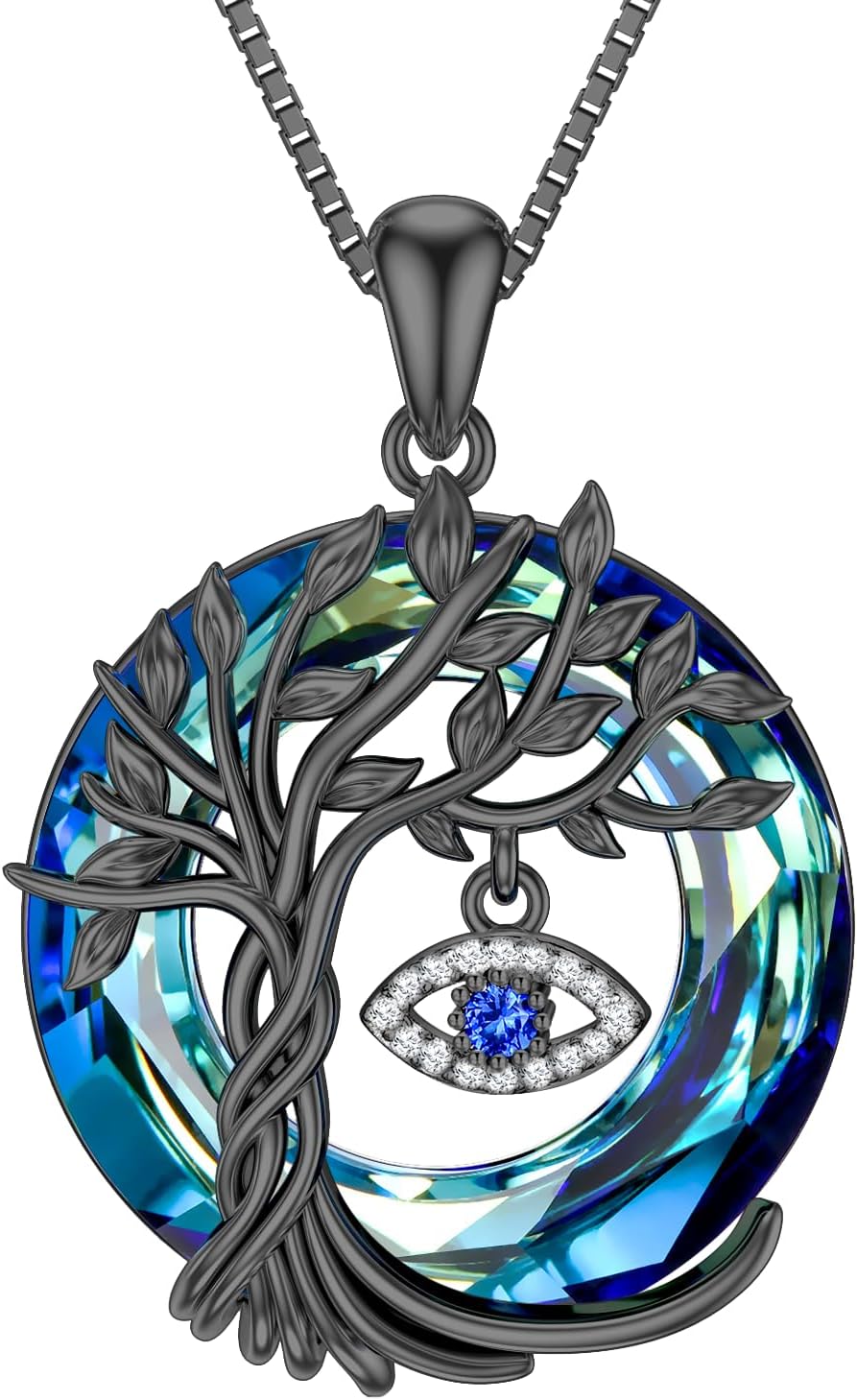 TOUPOP Evil Eye Necklace 925 Sterling Silver Tree of Life Circle Crystal Pendant Necklace Protection Jewelry Amulet Birthday Gifts for Women Her