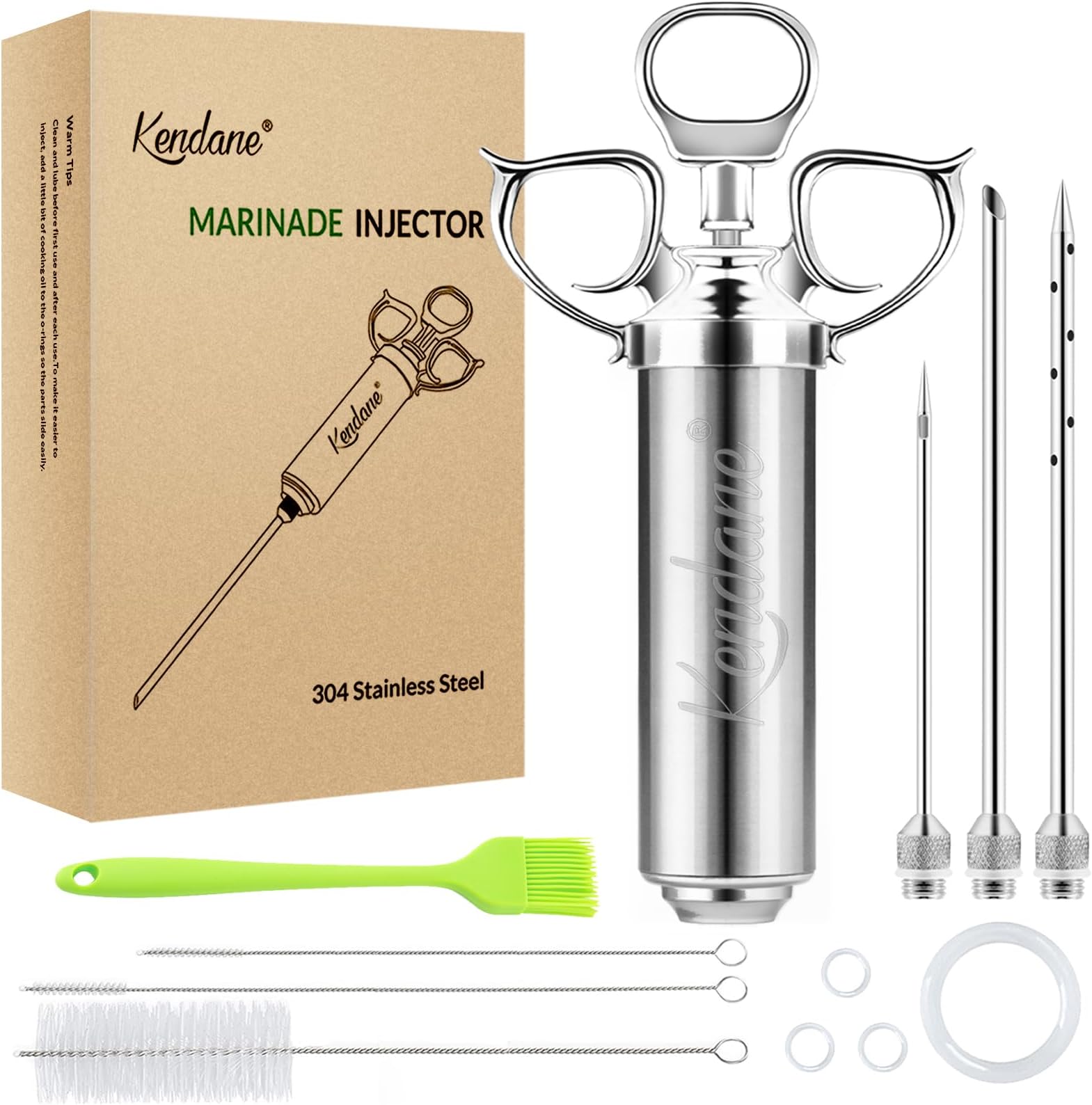 Meat Injector Syringe 2-oz Marinade Flavor Barrel 304 Stainless Steel with 3 Marinade Needles for BBQ Grill Smoker, Turkey, Fish, Brisket, Paper Silicone Brush and Instruction Included by Kendane