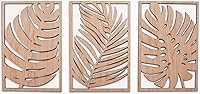 Vista 1 de Juego de 3 paneles de arte de pared de madera con hojas tropicales de Monstera, estilo bohemio, casa de campo moderna