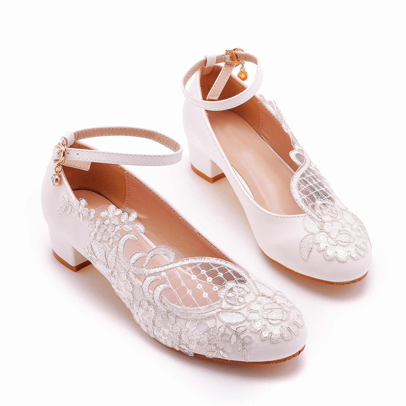 Damen Brautschuhe, 3 cm große Prinzessinnen-Pumps aus Netzstoff mit Spitzenblumen und runder Zehenpartie, Hochzeitsfeier, Geburtstag, Abend, Alltag, Büro, Brautsandalen