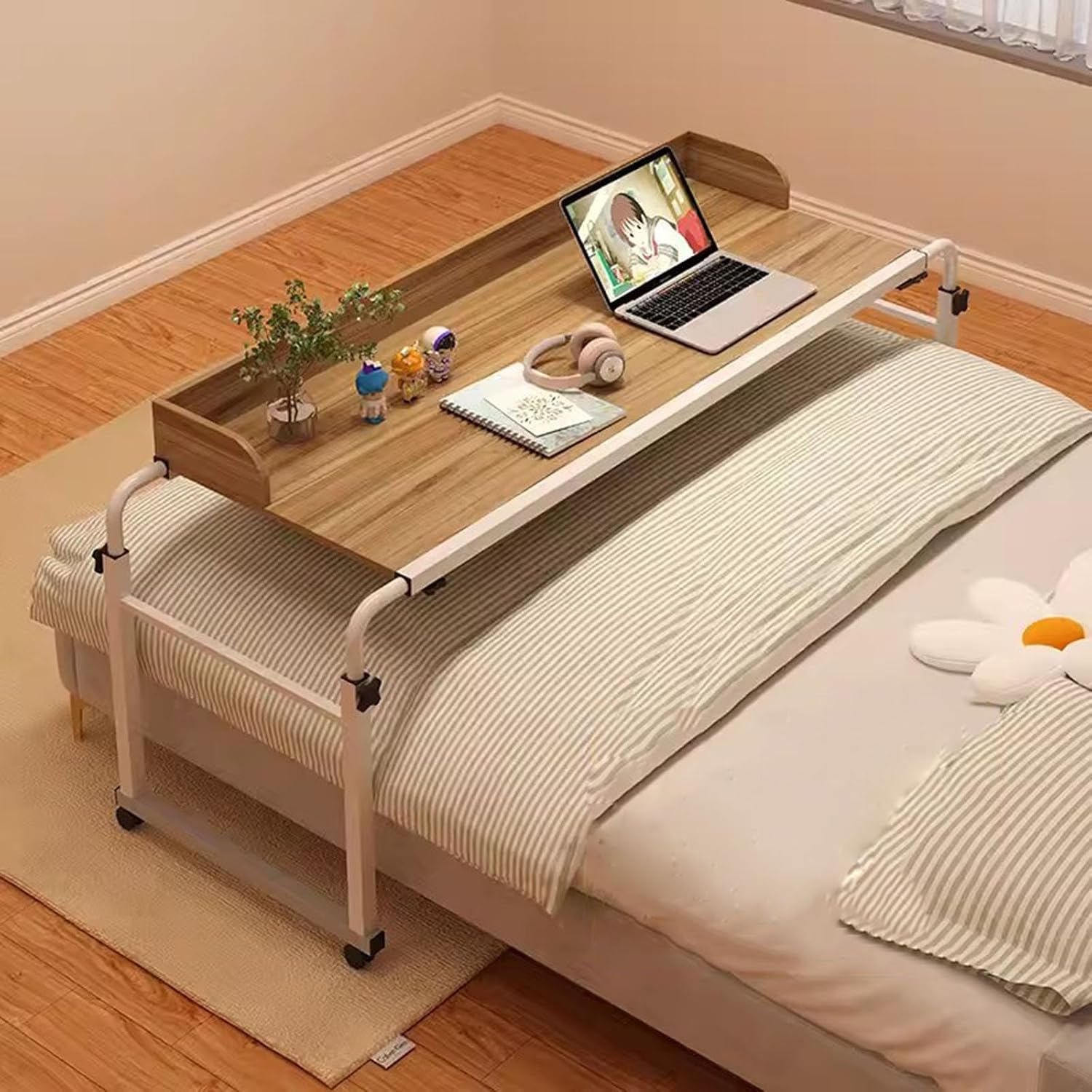 Overbed Mobile Overbed Table with Wheels,Adjustable Height and Length Food Tray Desk Rolling Medical Table Standing Workstation Laptop Cart Rolling Bed Desk Bar Table for