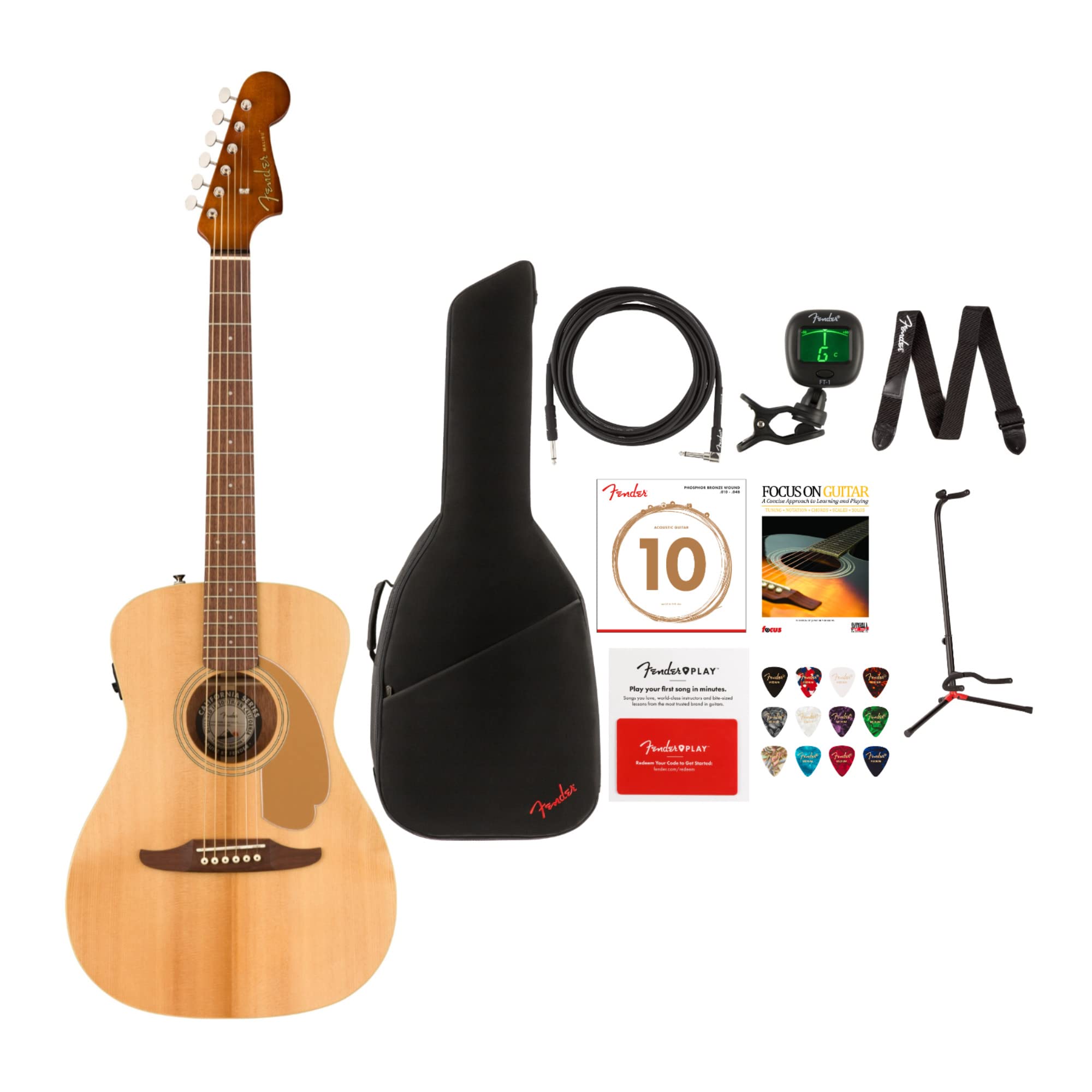 Fender Malibu Player 6-String Acoustic Guitar (Right-Hand, Natural) with Gig Bag, Instrument Cable, 