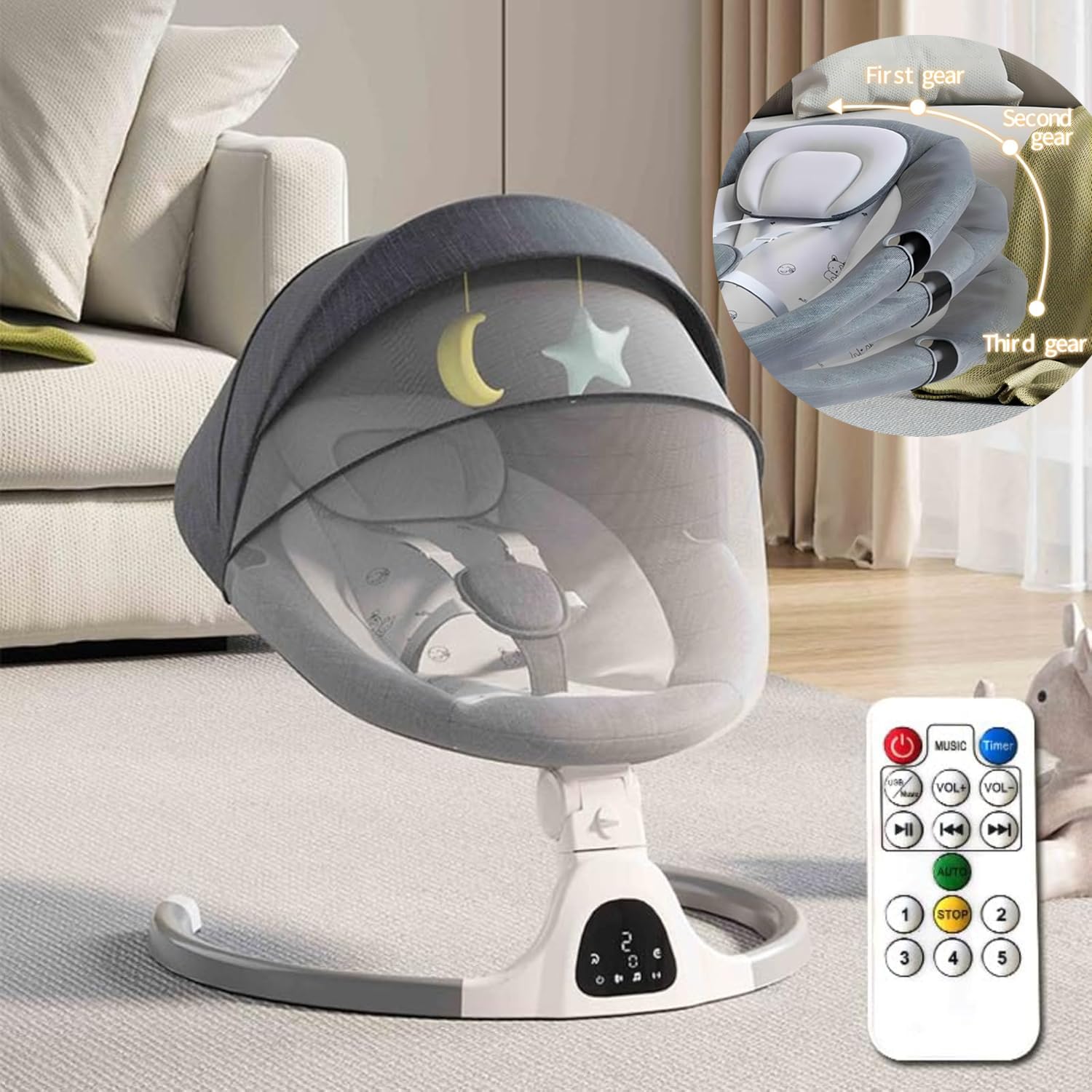 Adjustable Height Baby Swings Bluetooth, 5 Geschwindigkeit Musik-Lautsprecher mit 12 voreingestellten Schlaflieder, Fernbedienung Indoor-Baby-Wippe für 5-20 Monaten Geschenksets für Babys (Grey)