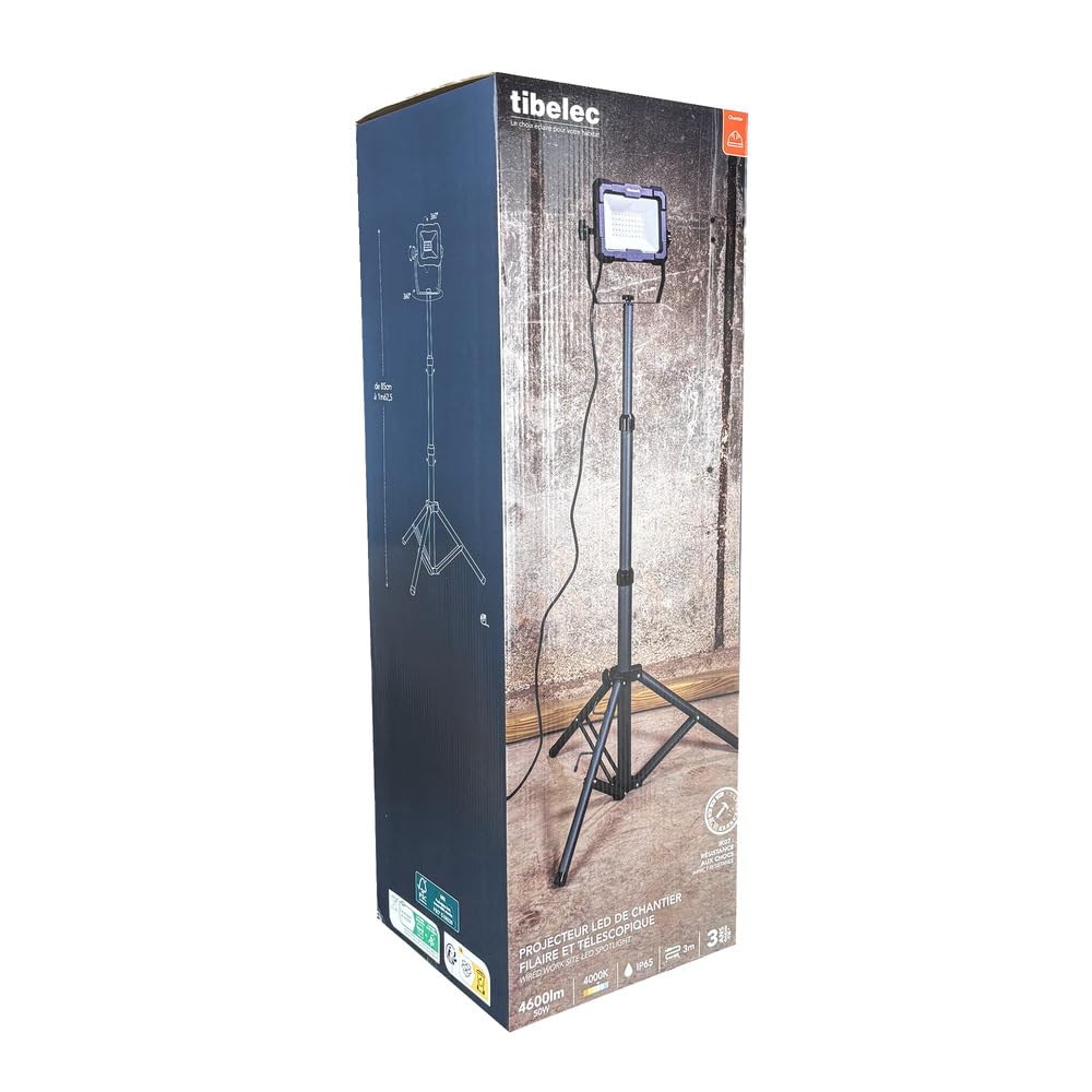Projecteur LED de chantier filaire sur pied téléscopique 50W, 4600 lumens, IP65, IK07, 4000K, garantie 3 ans - Tibelec