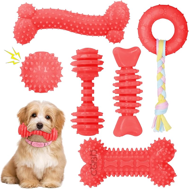 Paquete de 6 juguetes rojos para masticar perros, juguetes para la dentición de perros pequeños, salud dental y juego interactivo