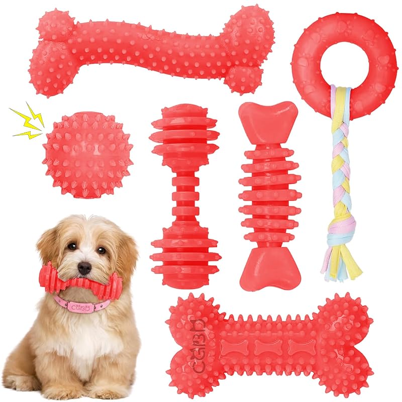 Brinquedos para mastigar para cães filhotes CGBD, borracha natural, Small-Red, pacote com 6