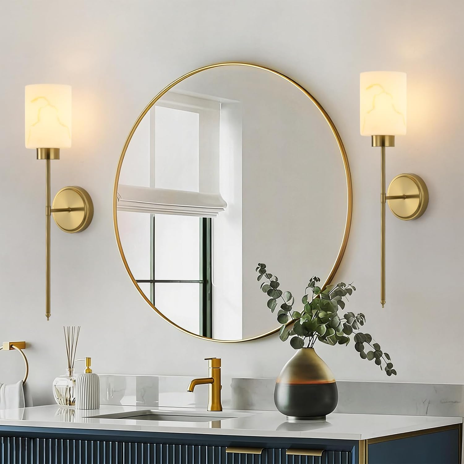 Gold Wall Sconces Set of 2 with Marble Glass Shade, Modern Bathroom Vanity Light Fixtures for Bedroom, Hallway, Entryway, Living Room