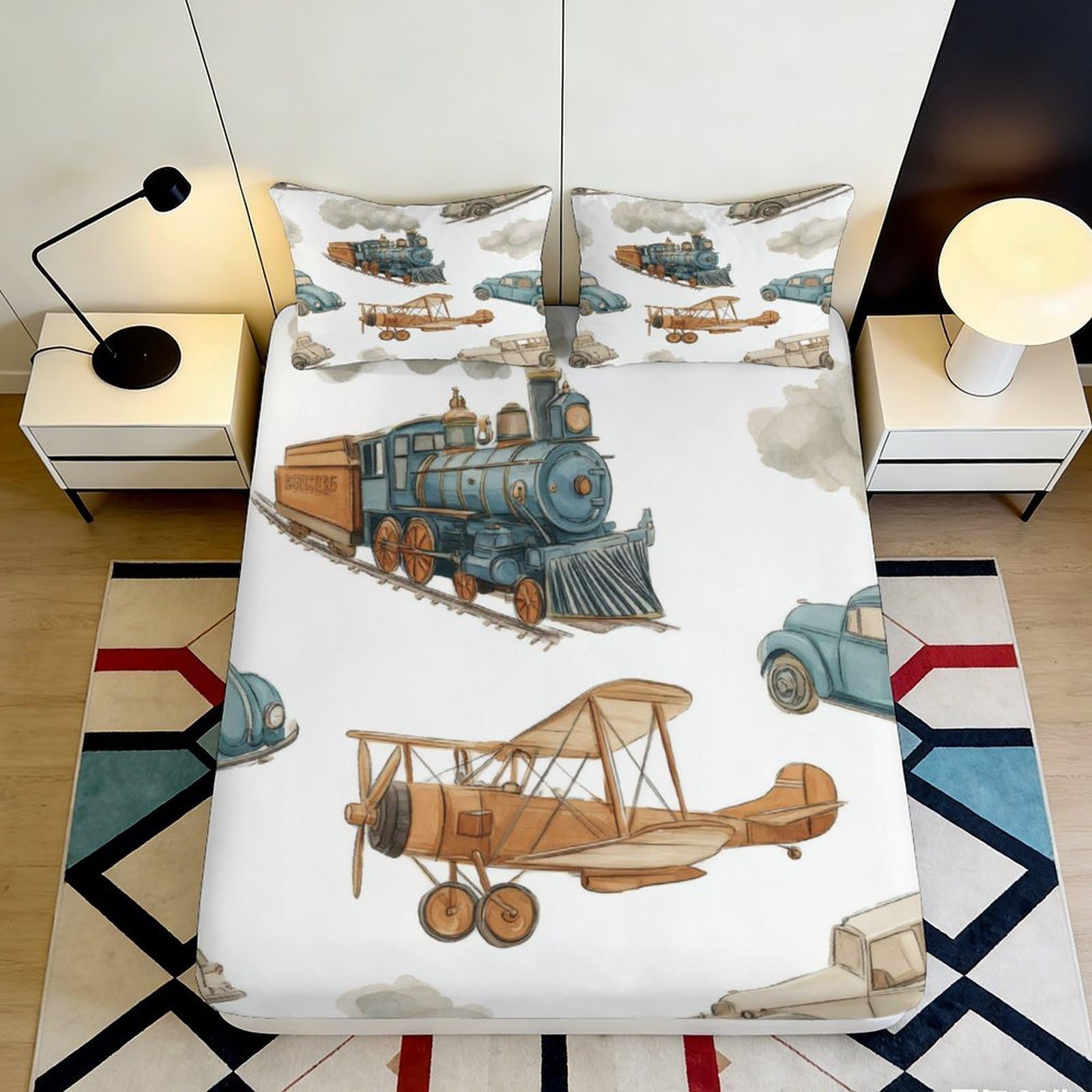 3D Printed vintage train Fitted Sheet, Microfiber soft touch, apartment bedding, wrinkle resistant, anti-slip, guest room decor, dustproof 120x200x25cm