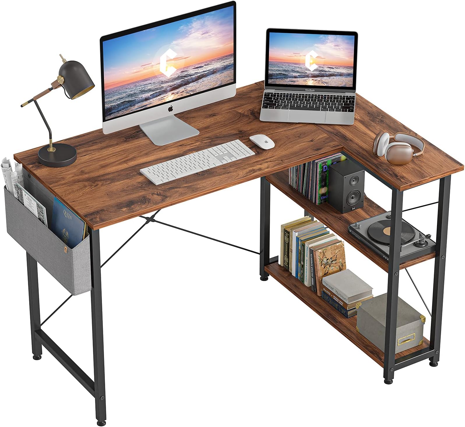CubiCubi L-Shaped Desk, Desk with Rack, Corner Desk, Study Desk, Computer Desk, L-Shaped PC Desk, Space-Saving, Easy Assembly, Stylish, Width: 39.4 in. (100 cm), Deep Brown