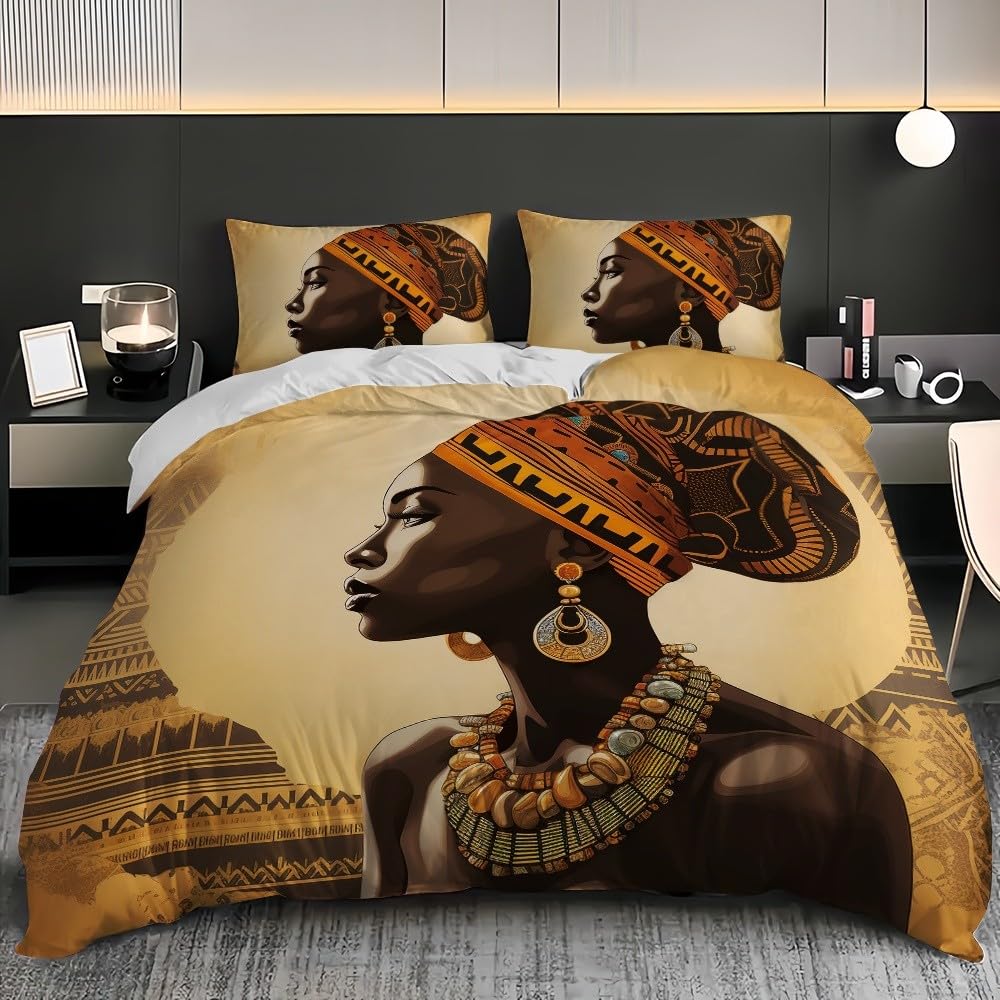 Zestaw pościeli z nadrukiem 3D afrykańskie modele damskie poszwa na kołdrę 240x220 cm miękka pościel komfortowa poszwa na kołdrę z mikrofibry żółta brązowa 3-częściowa dla nastolatków dzieci dorosłych