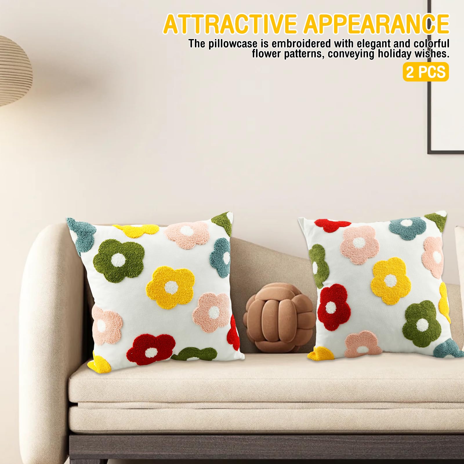 2Pcs Daisy Embroidered Pillowcase, Spring Summer, Cotton Canvas Soft Square Pillow Covers, Breathable Flower Pillow Cover, Attractive Floral Couch Pillow Suitable for Sofa