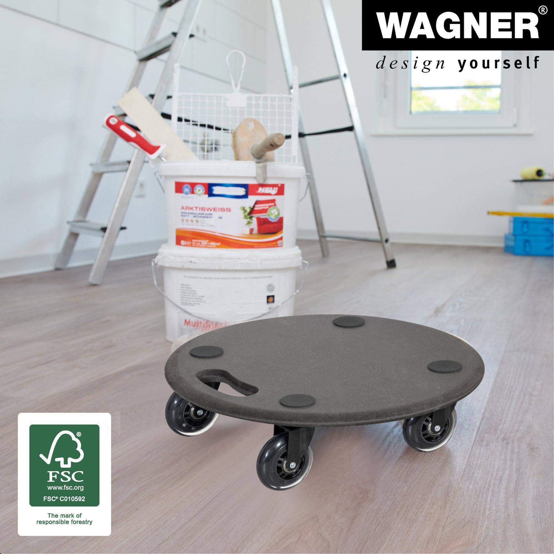 WAGNER Transportroller Transporthilfe 1610 I Plattformwagen schwarz aus MDF I Ø 38 x 11 cm, Tragkraft 250 kg I Möbelroller für Umzüge I Rollbrett rund I Lastenroller mit Tragegriff I FSC®