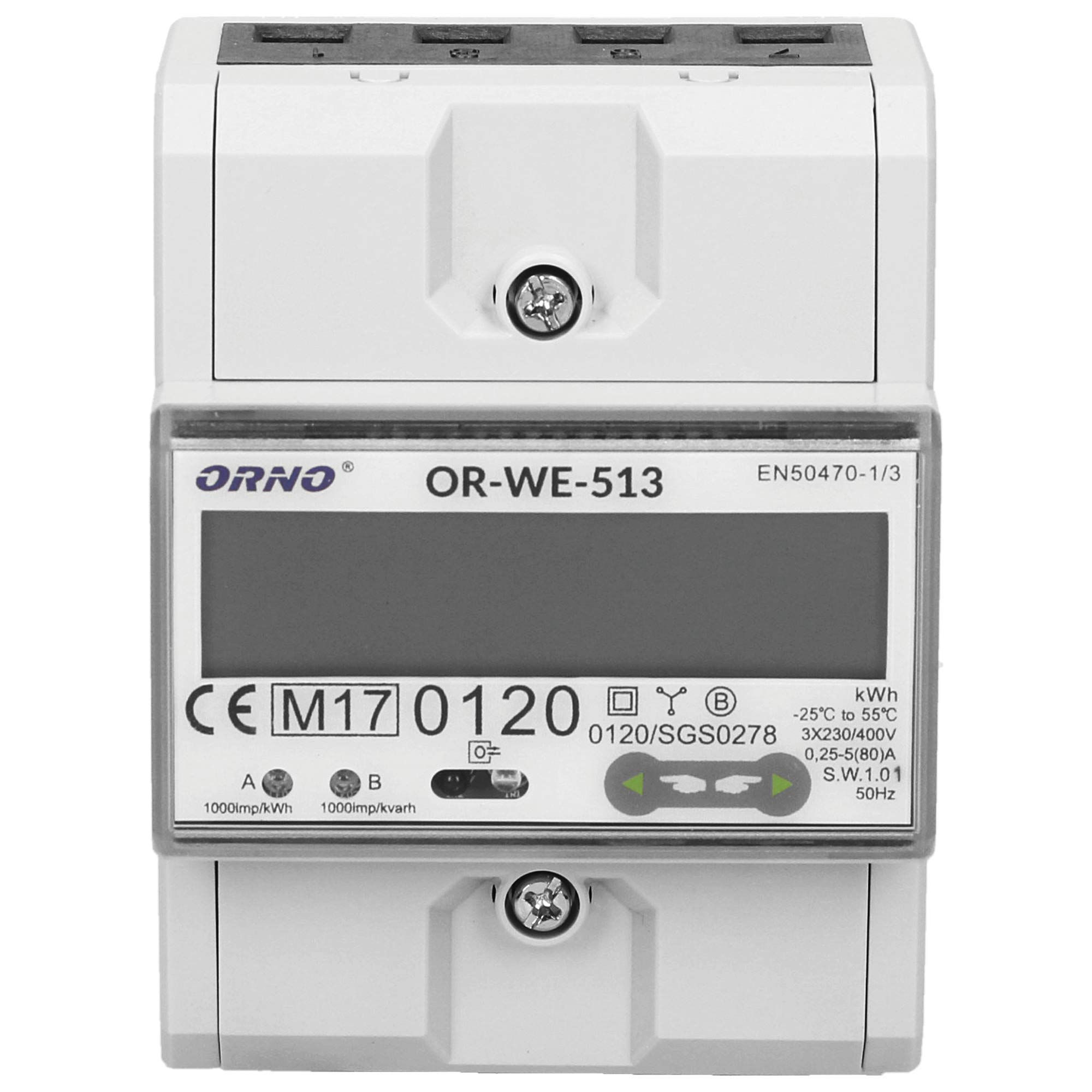 ORNO OR-WE-513 Stromzähler Hutschiene 3-Phasen-Anzeige des Stromverbrauchs mit MID Zertifikat, 0,25A – 80A, 3 x 230V/400V~, 50/60Hz, 1000 imp/kWh