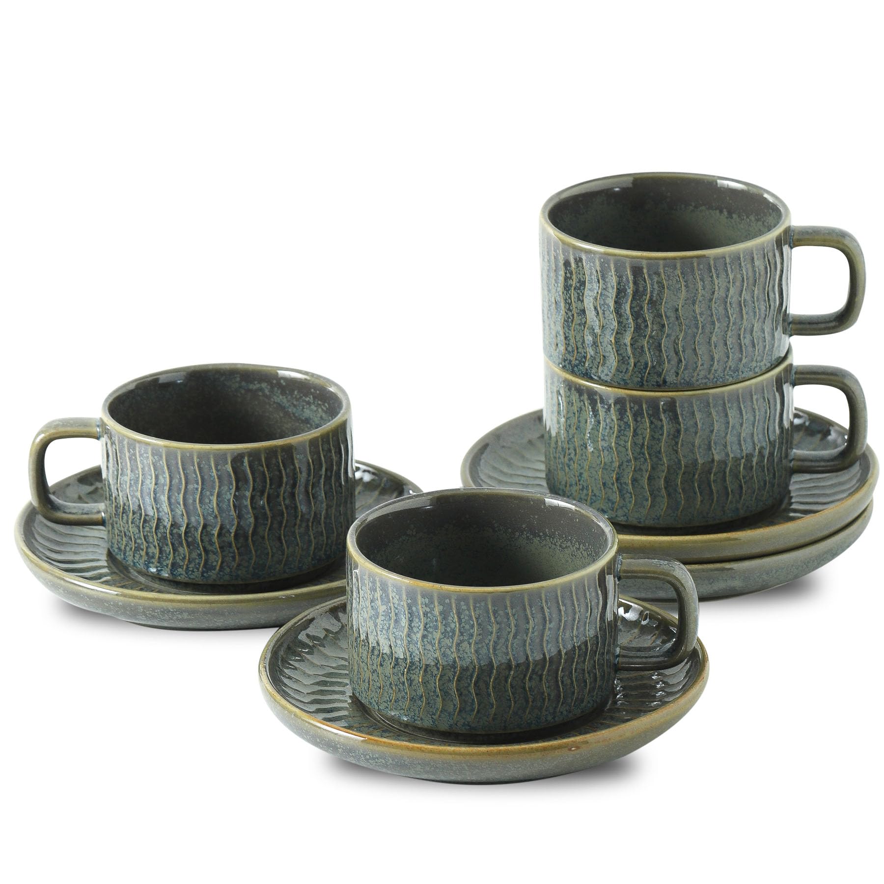 Keramik-Cappuccino-Tassen und Untertassen, 4er-Set, Kaffeetassen für Zuhause und Büro, Espressotassen für Kaffee, Cappuccino, Latte, Grün