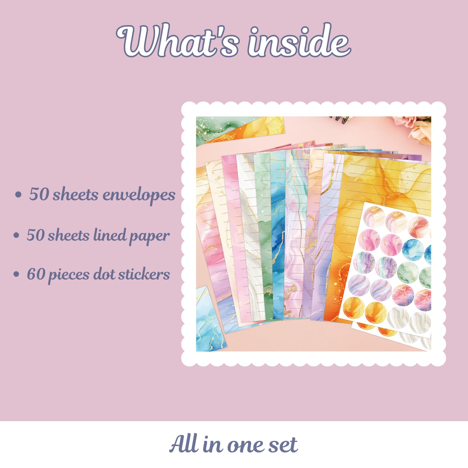 160 sztuk marmurowego papieru papierniczego i kopert w 10 różnych wzorach, 50 jednostronnych papierów piśmienniczych w linie z 50 pasującymi kopertami i 60 naklejkami w kropki do pisania listów