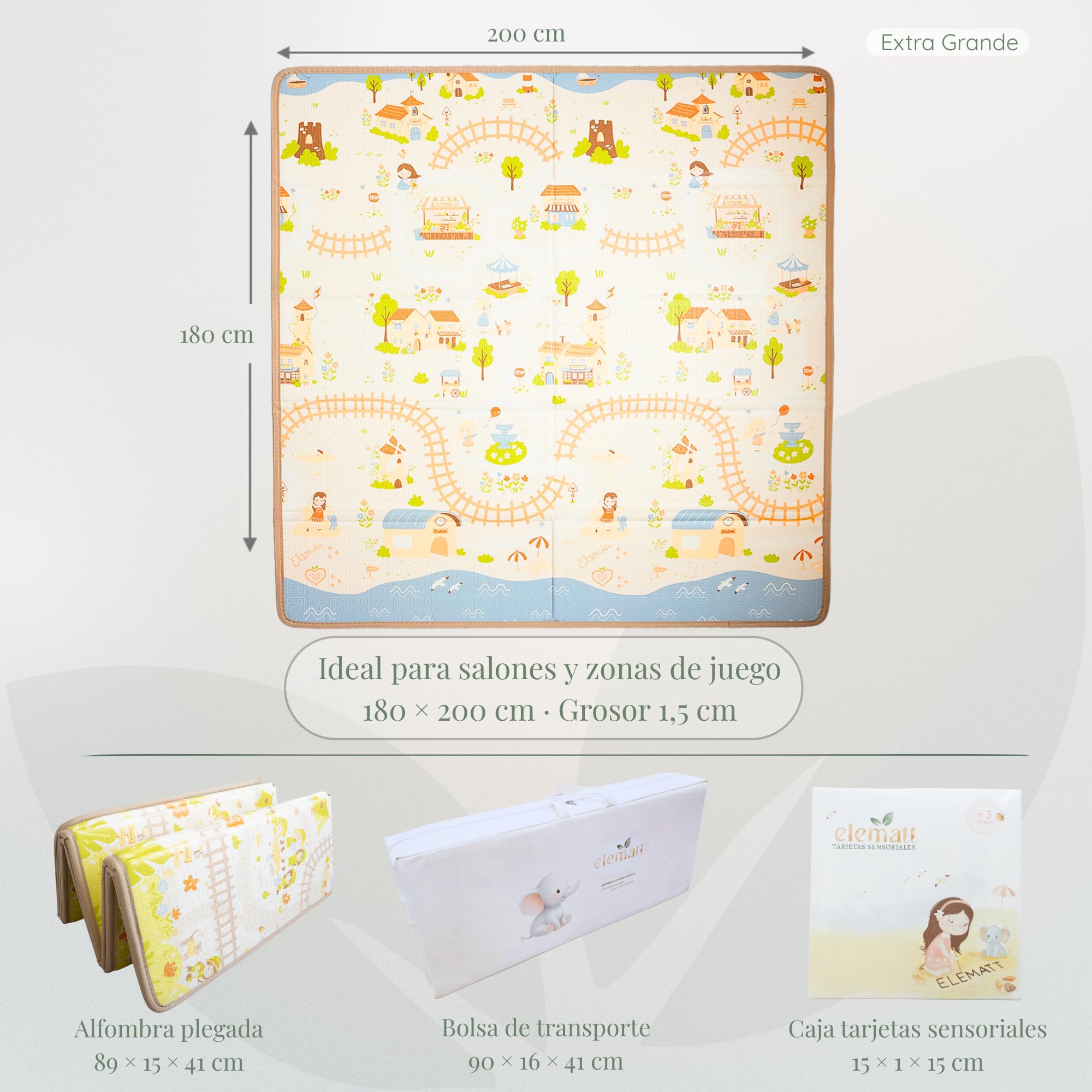 Tapis bébé rembourré pliable matériau XPE, épaisseur 1,5 cm, dimensions 180 x 200 cm - Tapis d'activités bébé - Tapis bébé sol + sac PU premium elematt + 20 cartes sensorielles