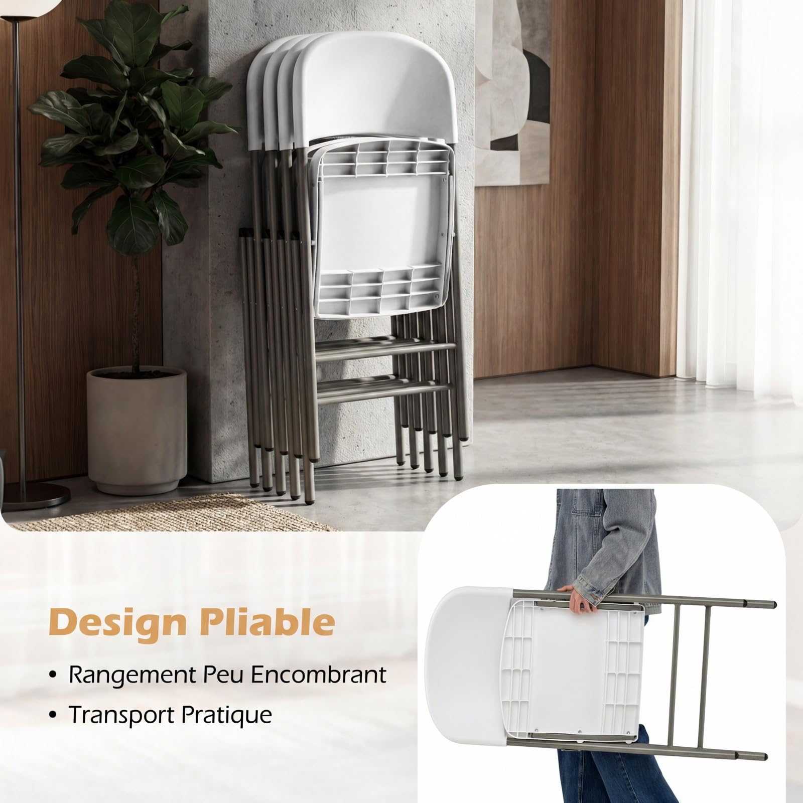 COSTWAY Chaises Pliantes Interieures en Plastique Lot de 6, Cadre Métal Robuste, Chaises Bureau Confortable pour Salle à Manger, Réception, Extérieur, Charge 150 KG (Blanc)