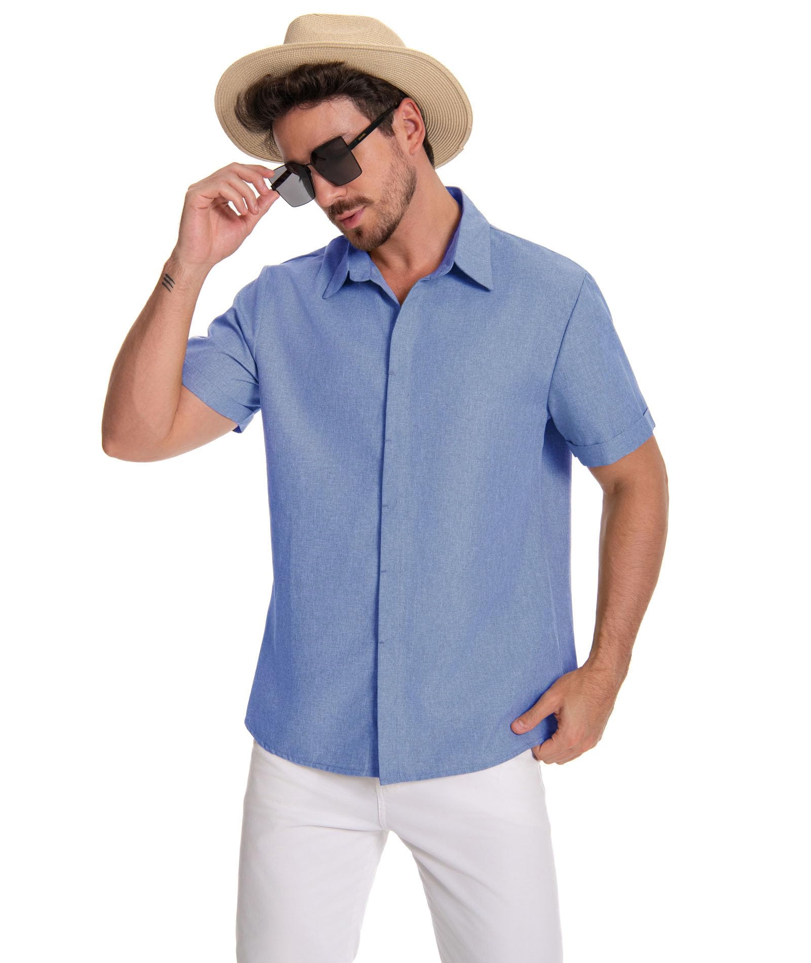 SOMTHRON Chemise décontractée à manches courtes en lin pour homme - Boutonnée - Plage d'été - Vacances - Mariage