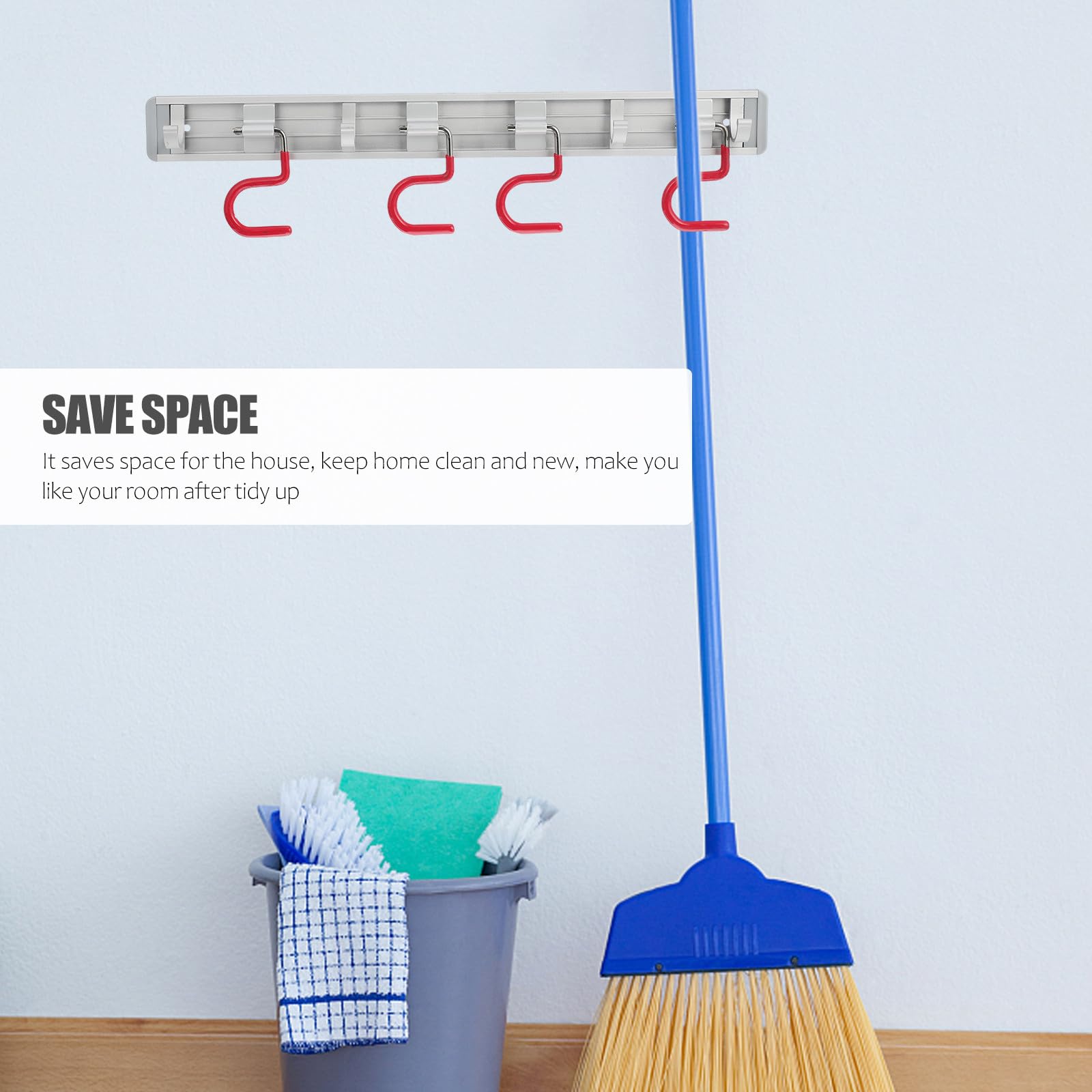 Portascope per Organizzare Scope e Oggetti Palo in Lega di Alluminio Argento da Parete 4 Appendini Facile da Pulire per Bagno e Cucina