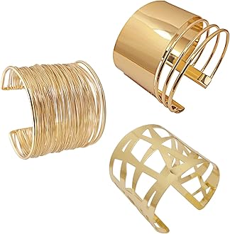 COLORFUL BLING 2 Pieces Gold Tone Cuff Bangle Bracelet Set for Women Girls Adjustable Smooth Wide Thin Thread Wire Armband Armlet Wrist Jewelry Set